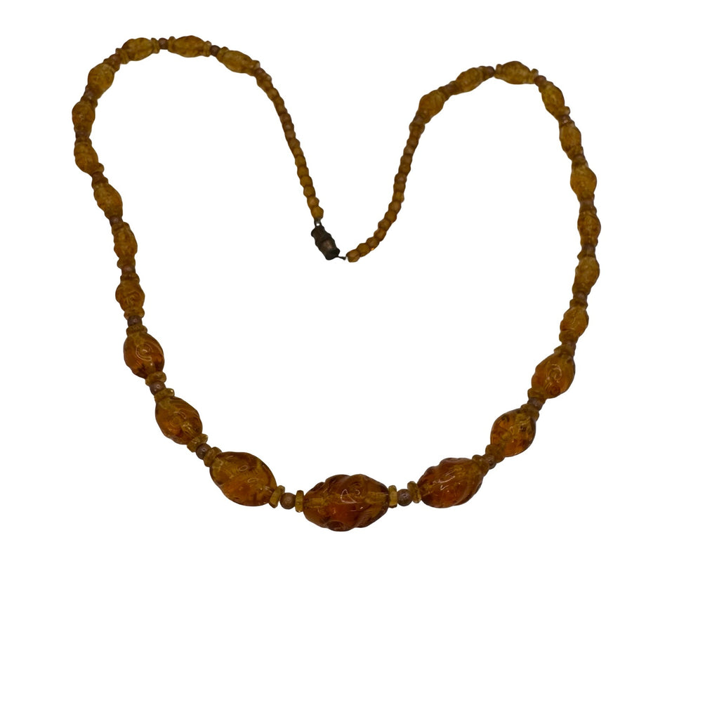 Vintage Amber Glass Beaded Necklace Carved Spiral Barrel Clasp 24" Statement