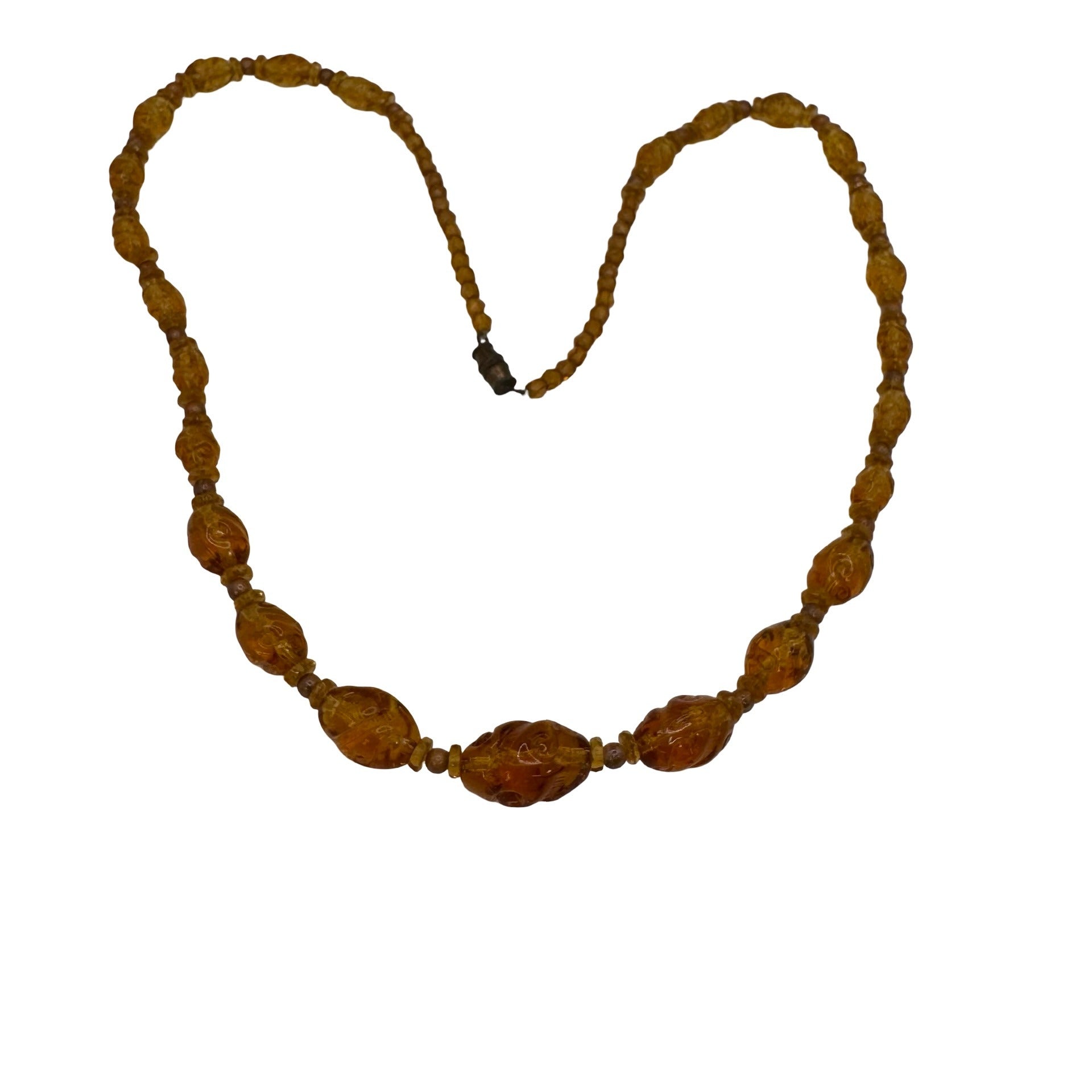 Vintage Amber Glass Beaded Necklace Carved Spiral Barrel Clasp 24" Statement