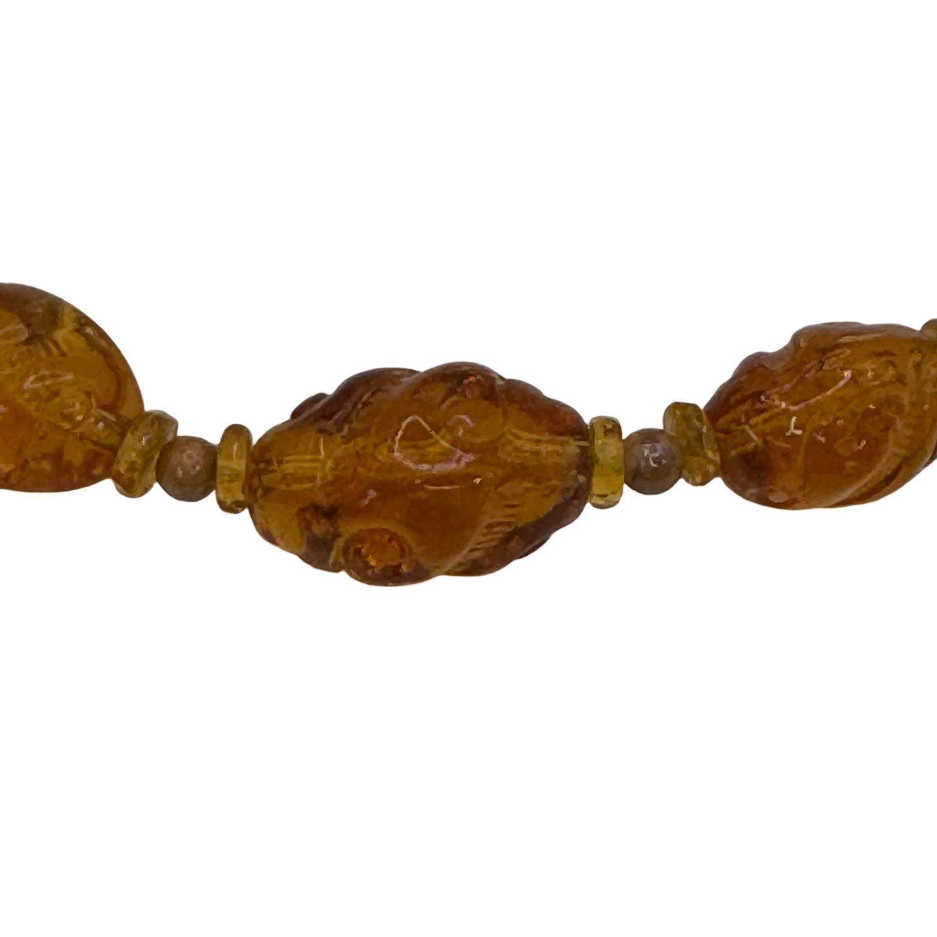 Vintage Amber Glass Beaded Necklace Carved Spiral Barrel Clasp 24" Statement