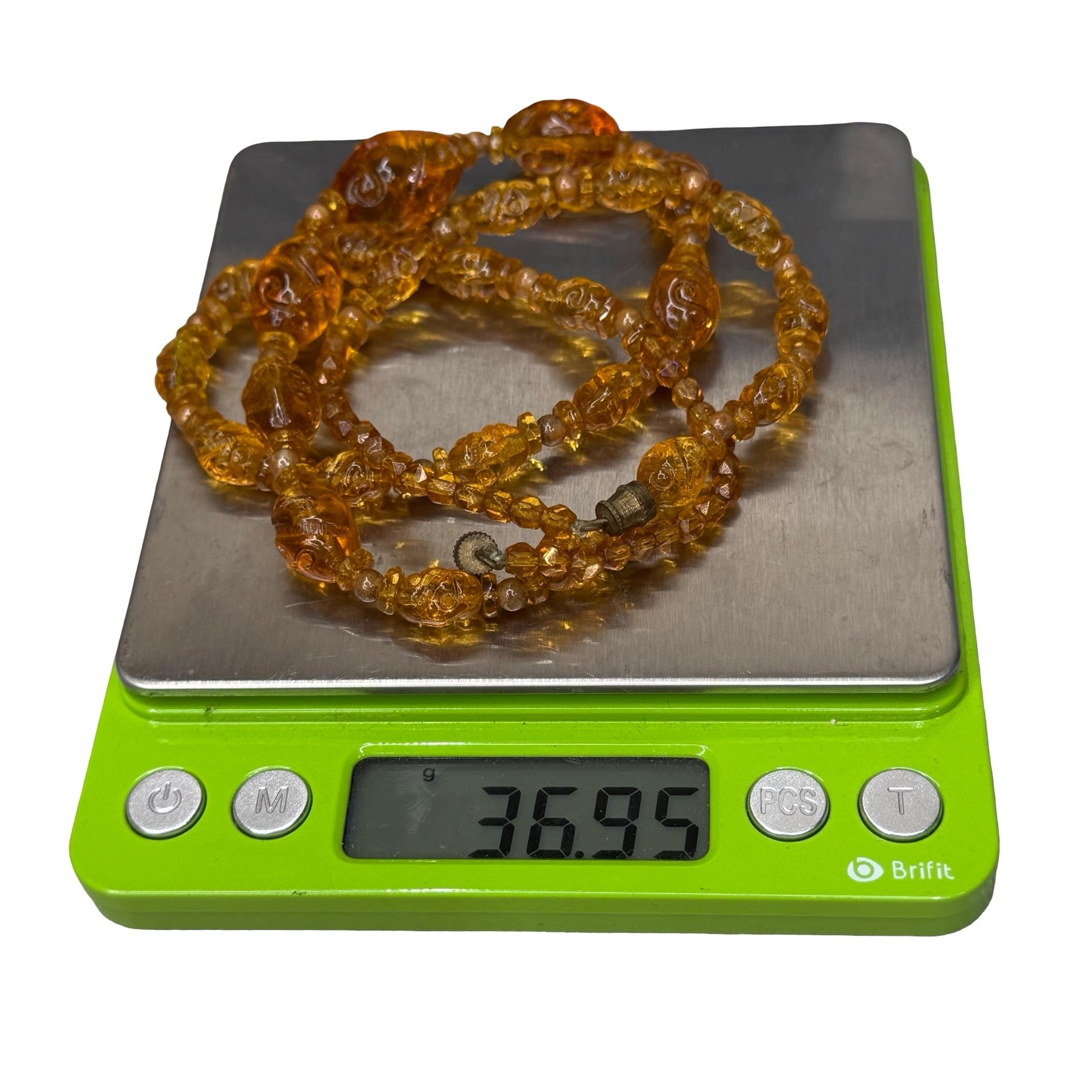 Vintage Amber Glass Beaded Necklace Carved Spiral Barrel Clasp 24" Statement