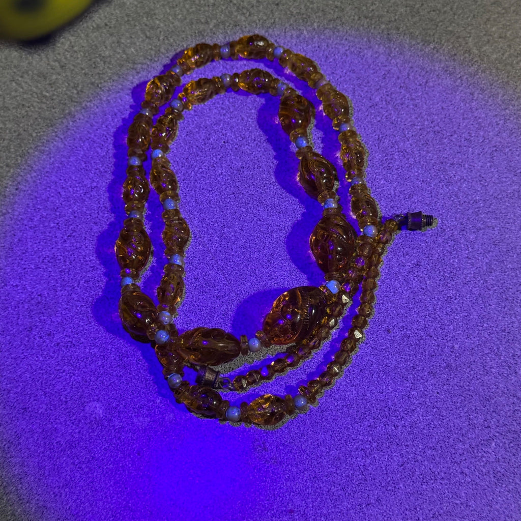 Vintage Amber Glass Beaded Necklace Carved Spiral Barrel Clasp 24" Statement