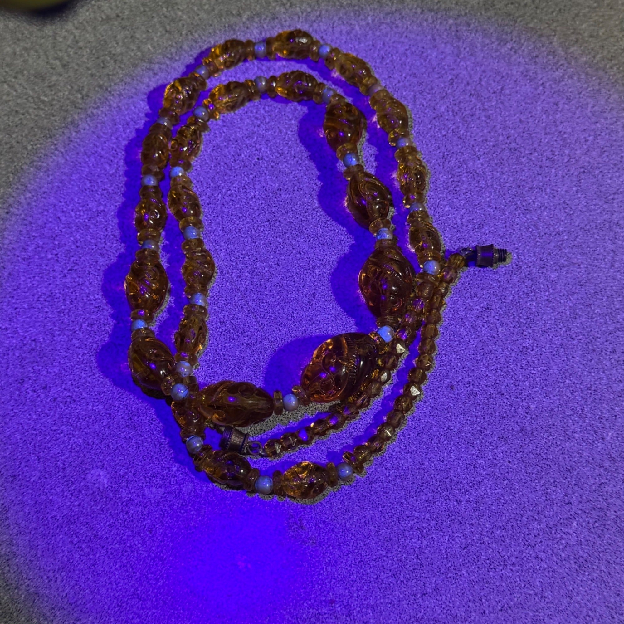 Vintage Amber Glass Beaded Necklace Carved Spiral Barrel Clasp 24" Statement
