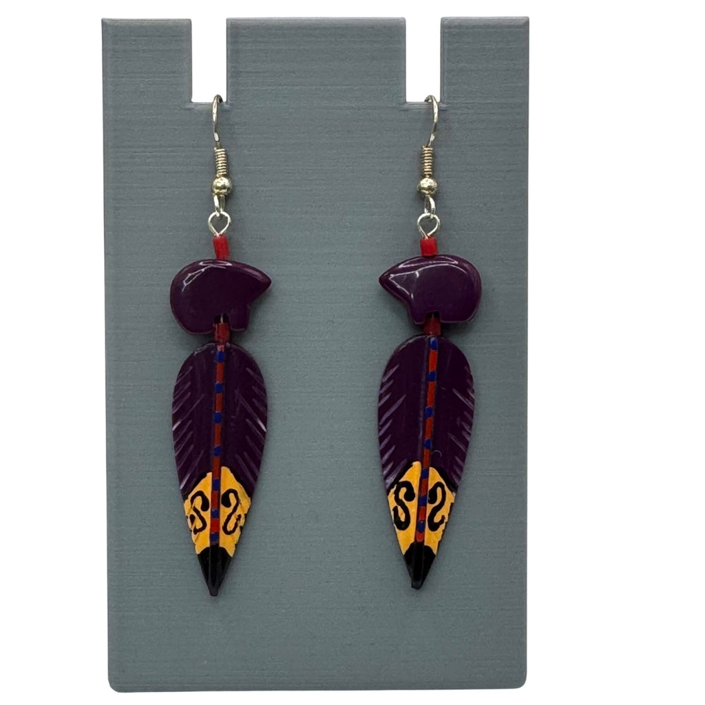 Zuni Carved Suglite Purple Hand Painted Feather Dangle Earrings Fetish Bear
