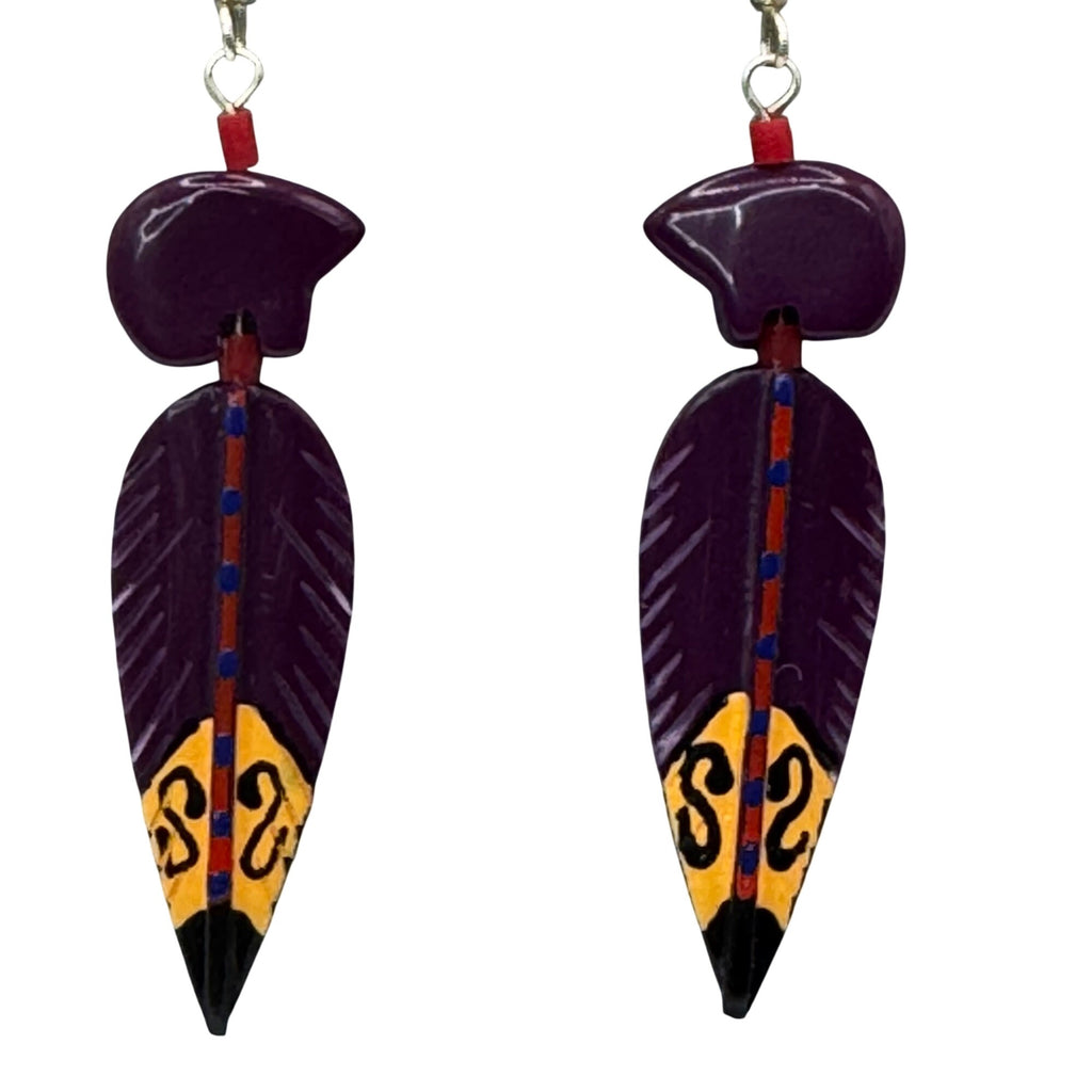 Zuni Carved Suglite Purple Hand Painted Feather Dangle Earrings Fetish Bear