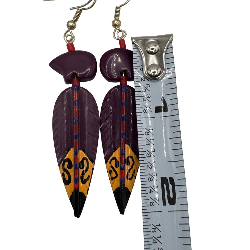 Zuni Carved Suglite Purple Hand Painted Feather Dangle Earrings Fetish Bear