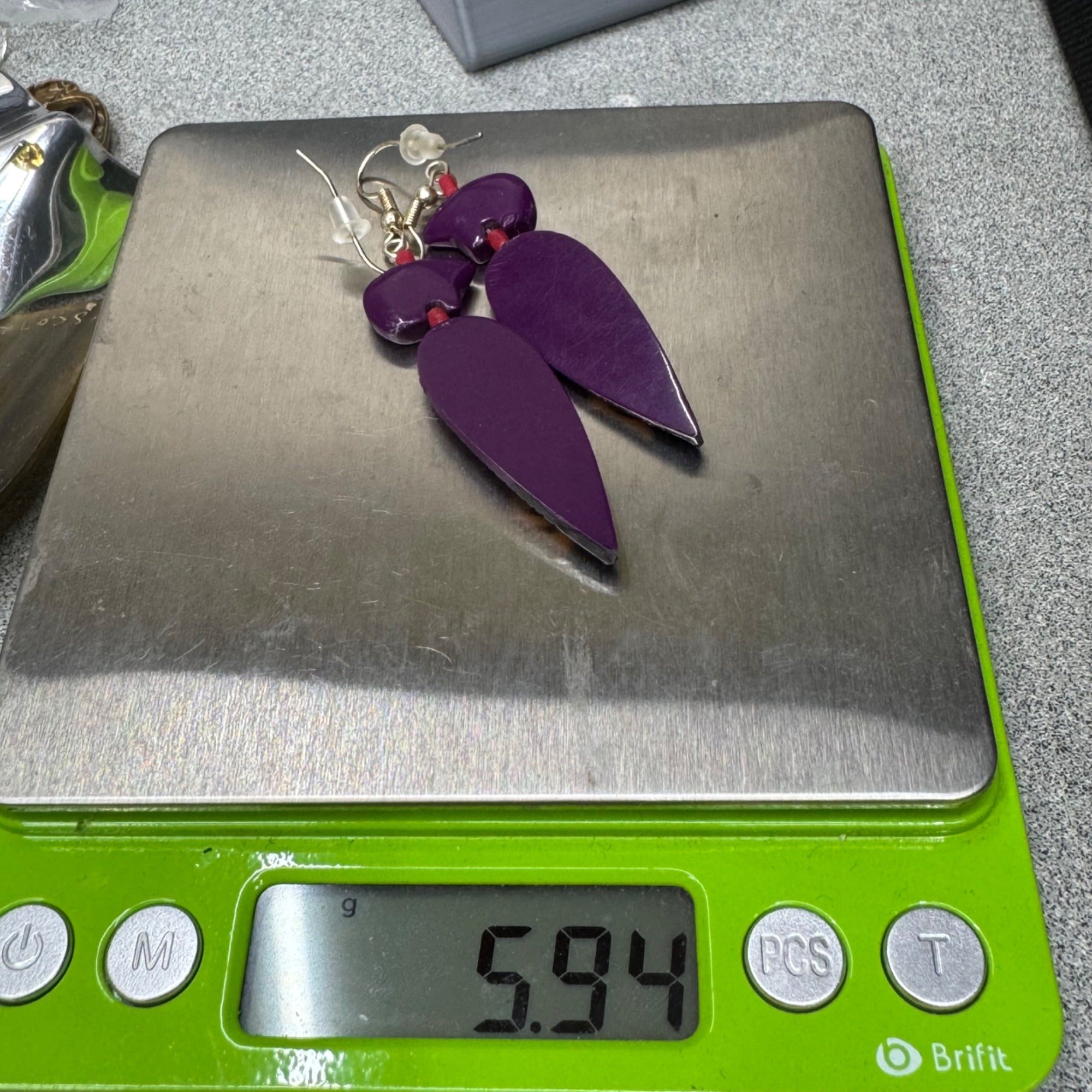 Zuni Carved Suglite Purple Hand Painted Feather Dangle Earrings Fetish Bear