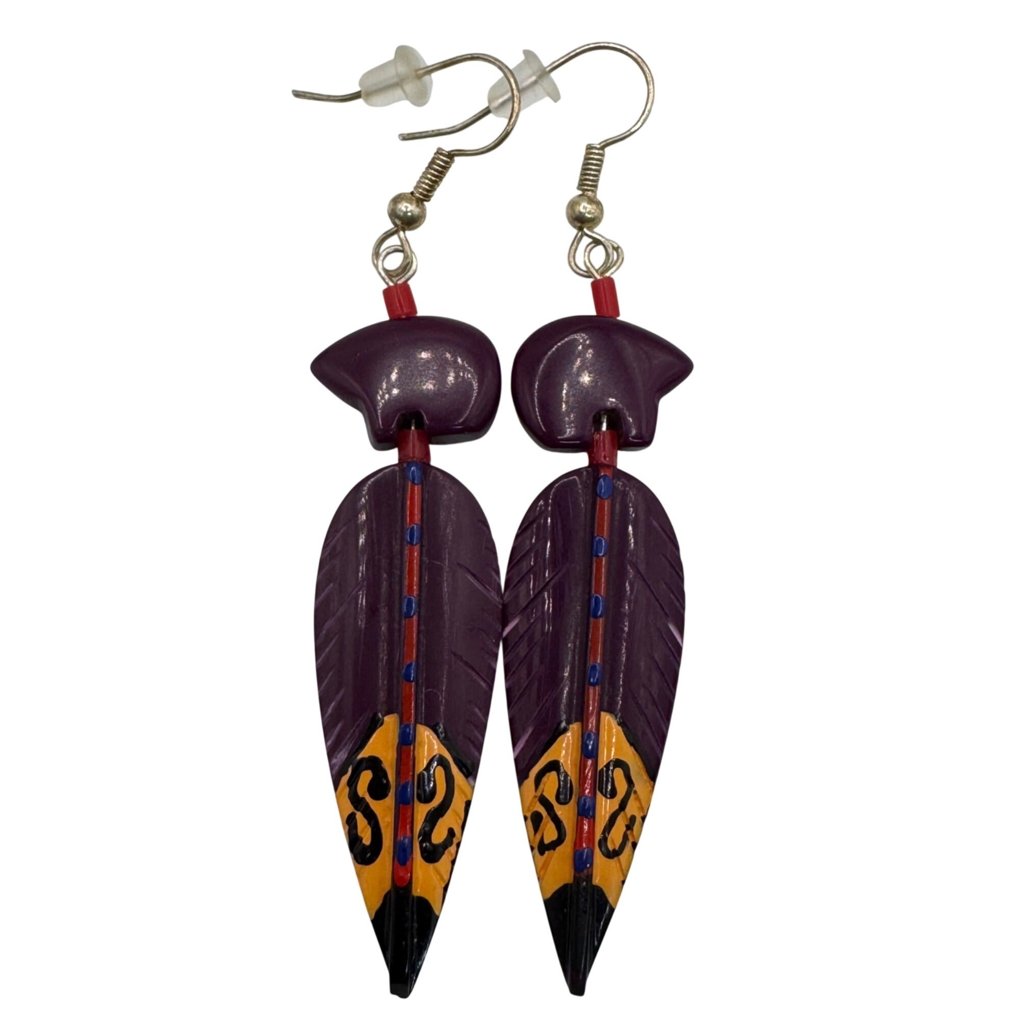 Zuni Carved Suglite Purple Hand Painted Feather Dangle Earrings Fetish Bear