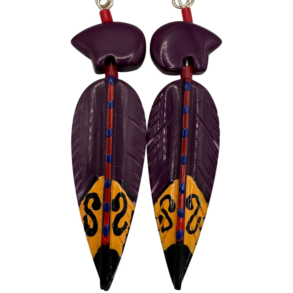 Zuni Carved Suglite Purple Hand Painted Feather Dangle Earrings Fetish Bear