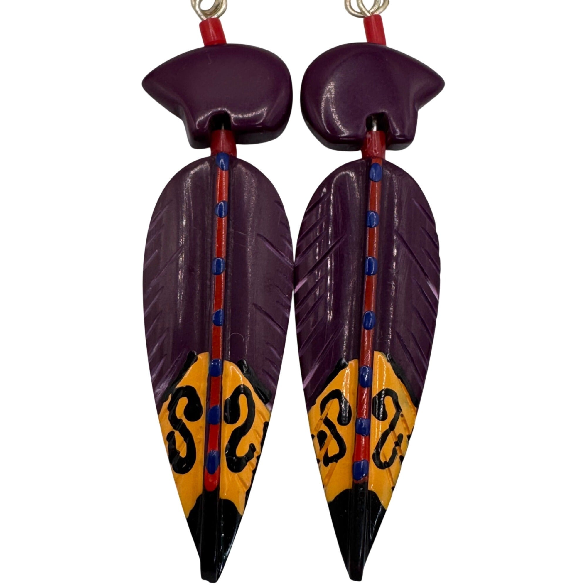 Zuni Carved Suglite Purple Hand Painted Feather Dangle Earrings Fetish Bear