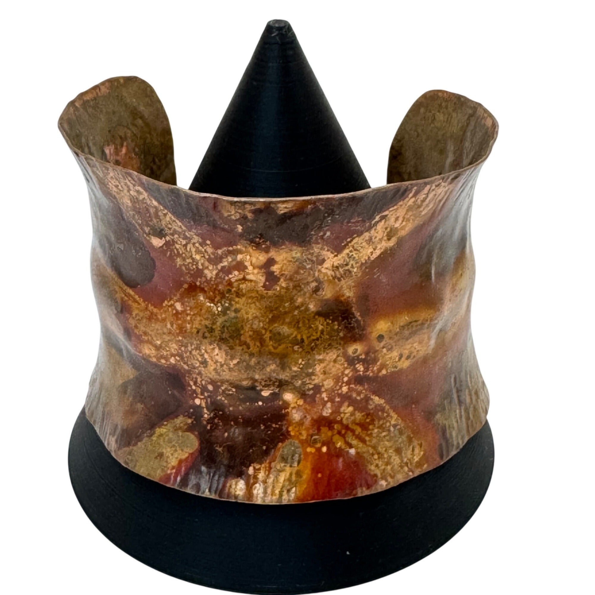 Vintage Artisan Flame Colored Thick Copper Cuff Bracelet Aged Patina Metal Art