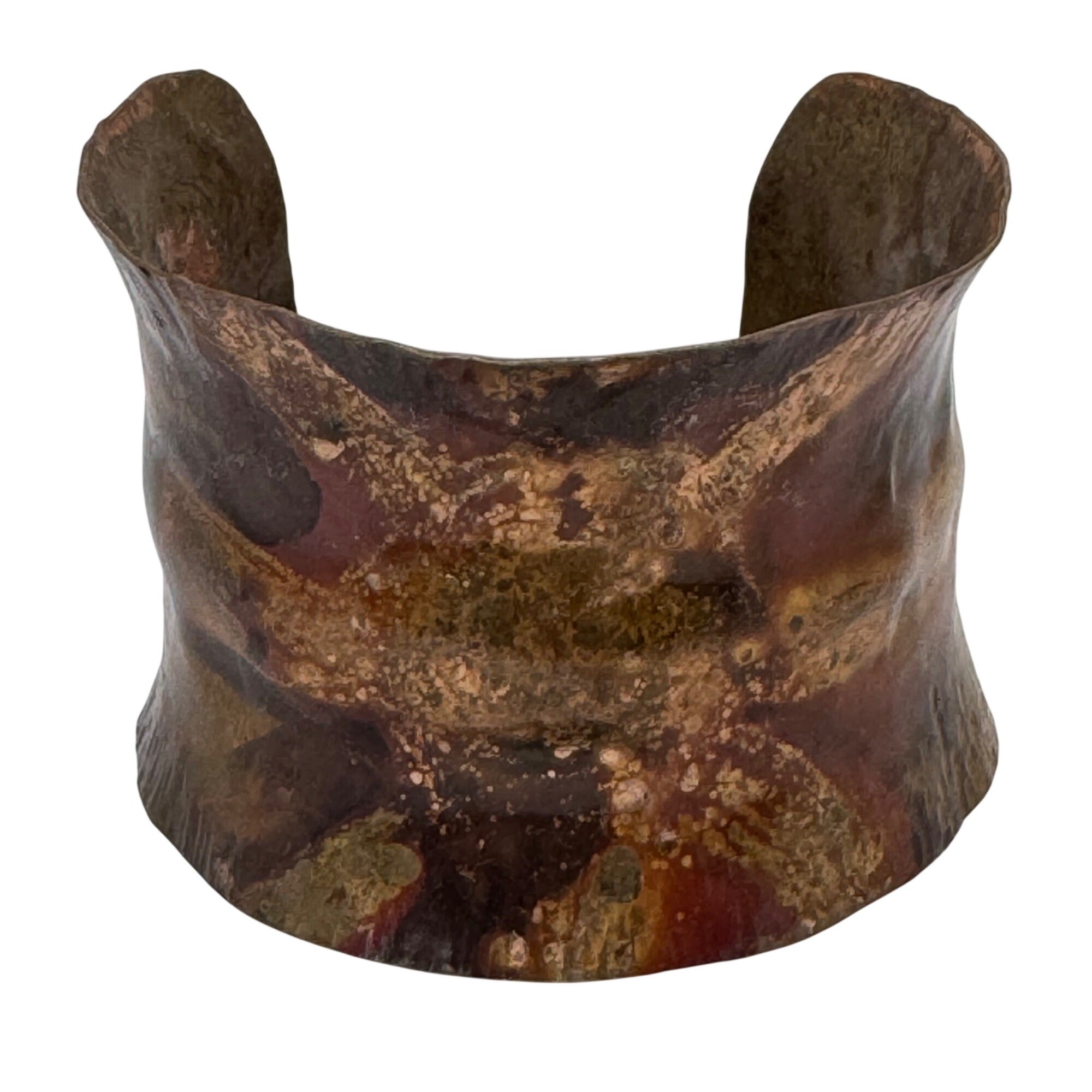 Vintage Artisan Flame Colored Thick Copper Cuff Bracelet Aged Patina Metal Art