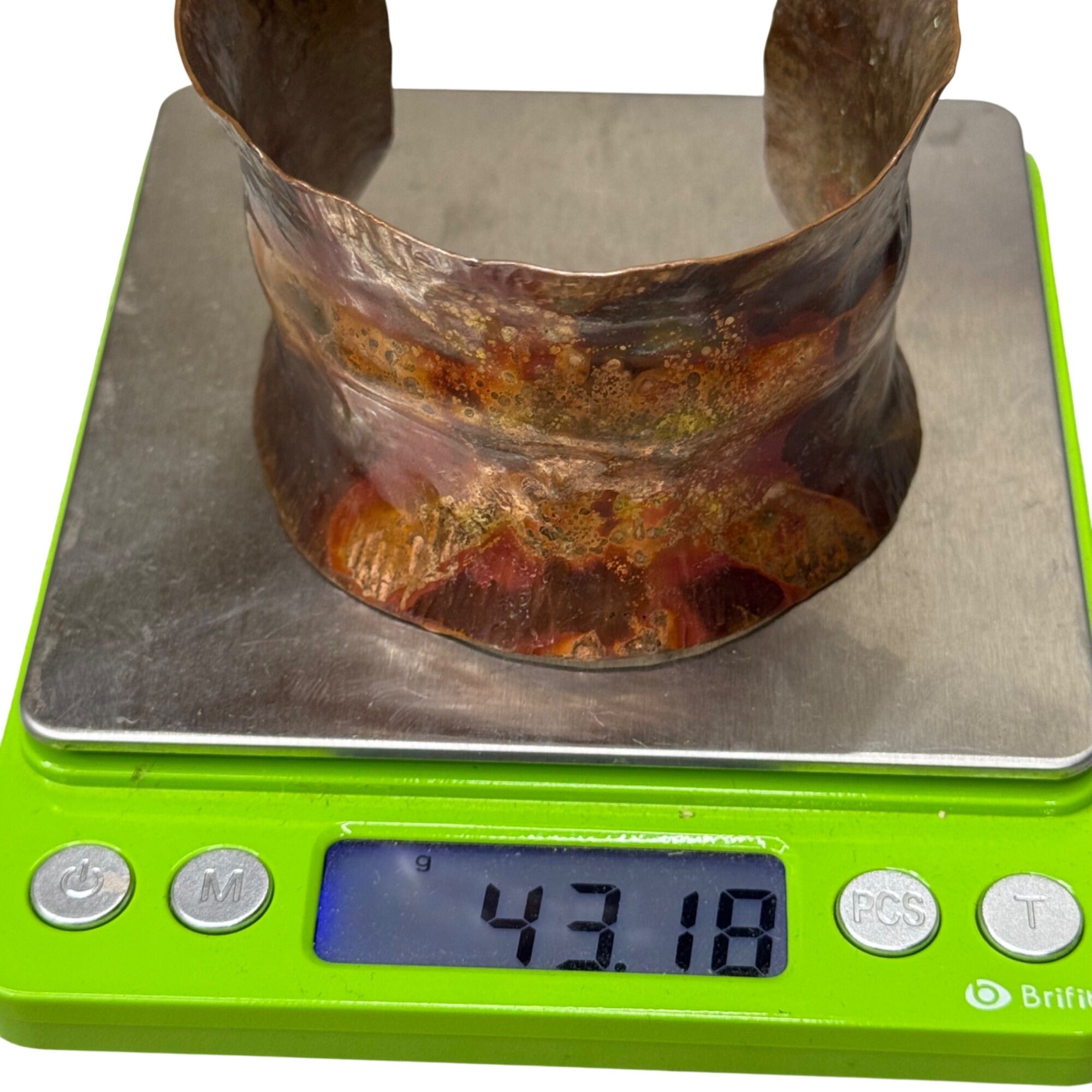 Vintage Artisan Flame Colored Thick Copper Cuff Bracelet Aged Patina Metal Art