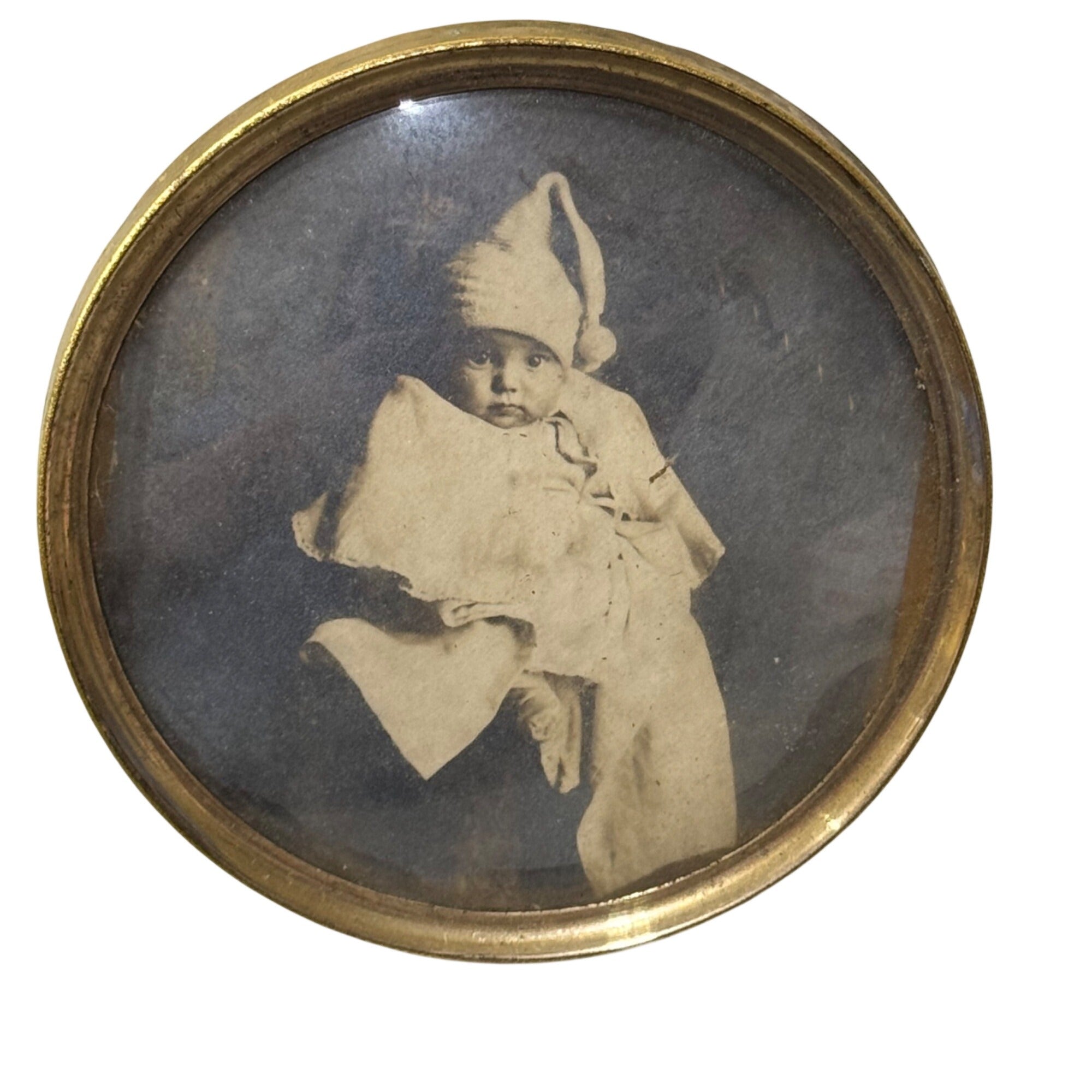Antique Brass Round Frame Portrait Vintage Baby Photograph Easel Back Mini 3.5"