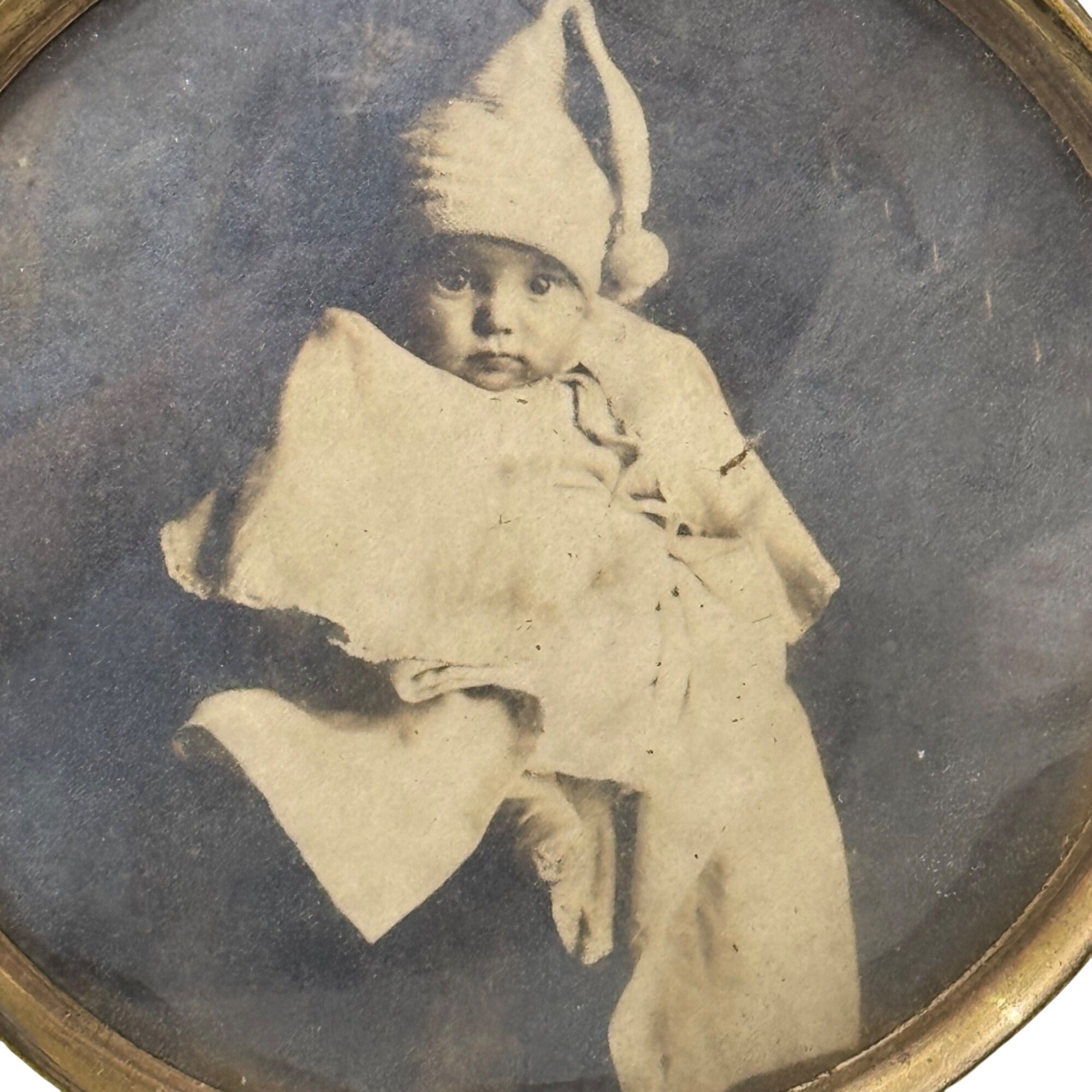 Antique Brass Round Frame Portrait Vintage Baby Photograph Easel Back Mini 3.5"