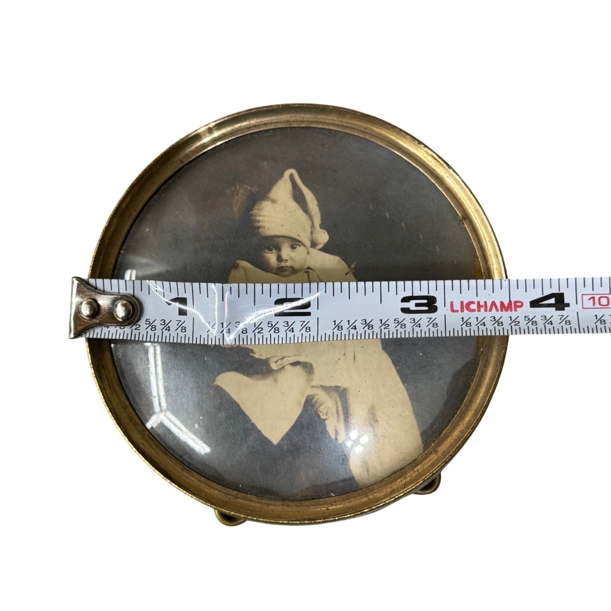 Antique Brass Round Frame Portrait Vintage Baby Photograph Easel Back Mini 3.5"