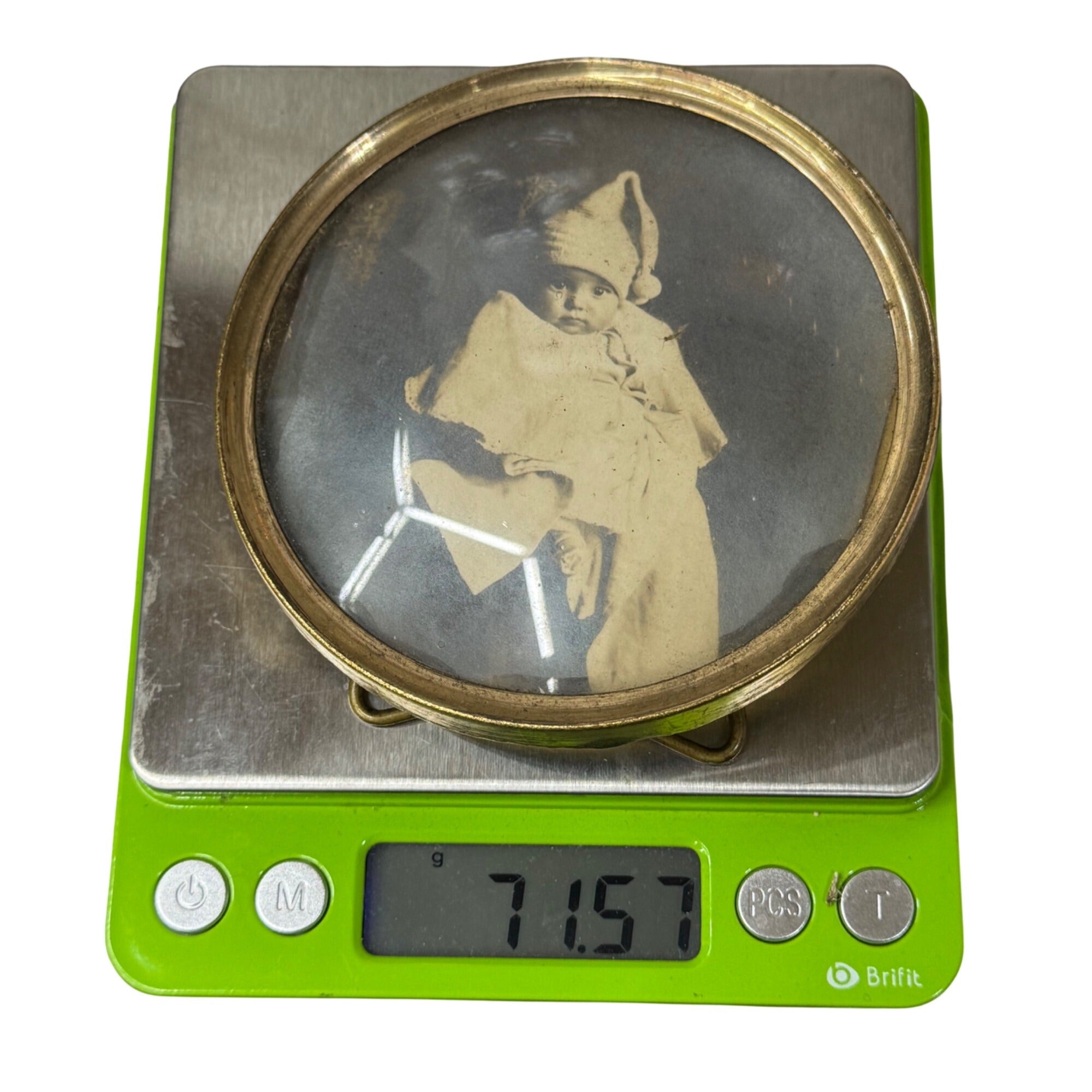 Antique Brass Round Frame Portrait Vintage Baby Photograph Easel Back Mini 3.5"