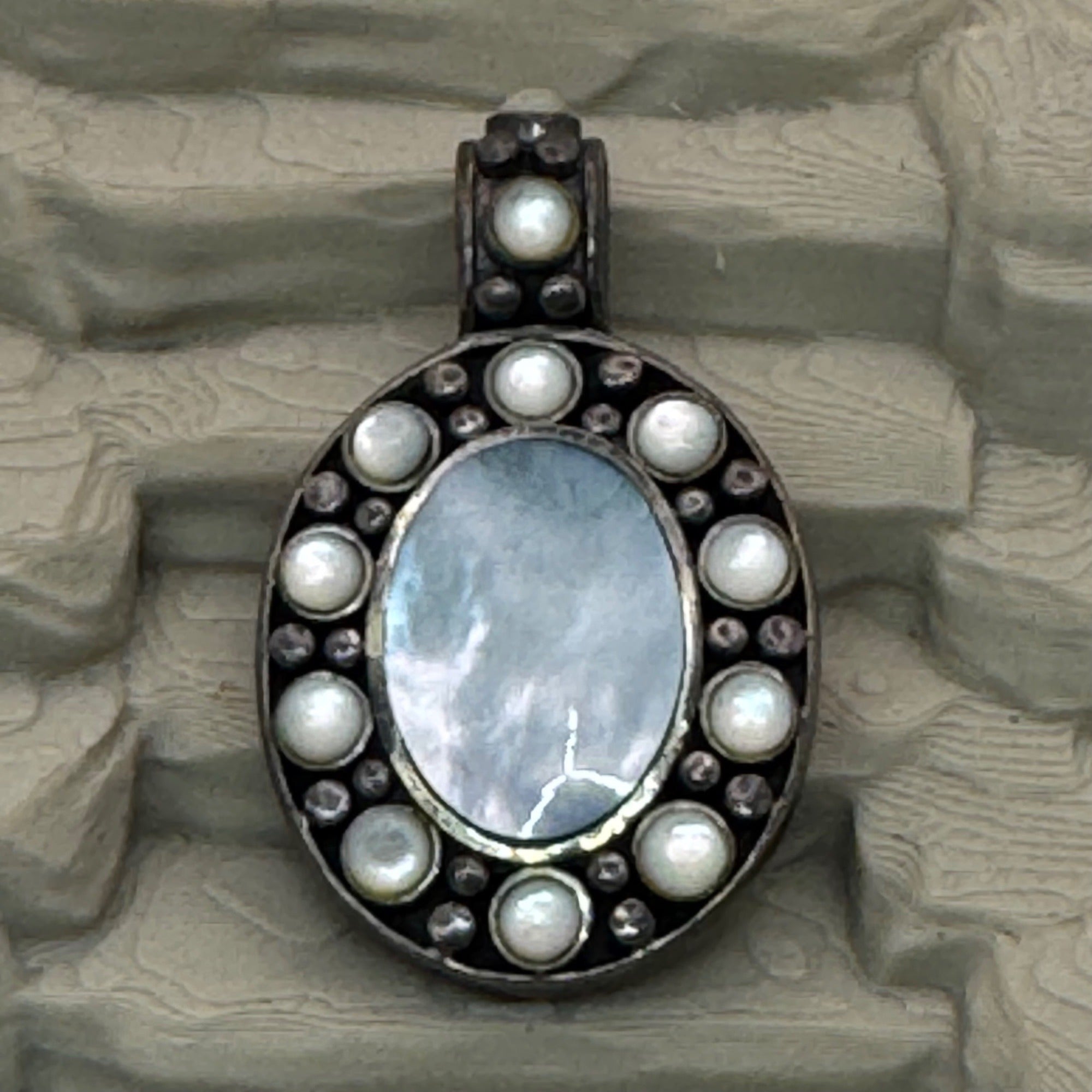 Oval Mother Of Pearl Pendant Sterling Silver Mop Vintage NF Chapel Zenray 2"