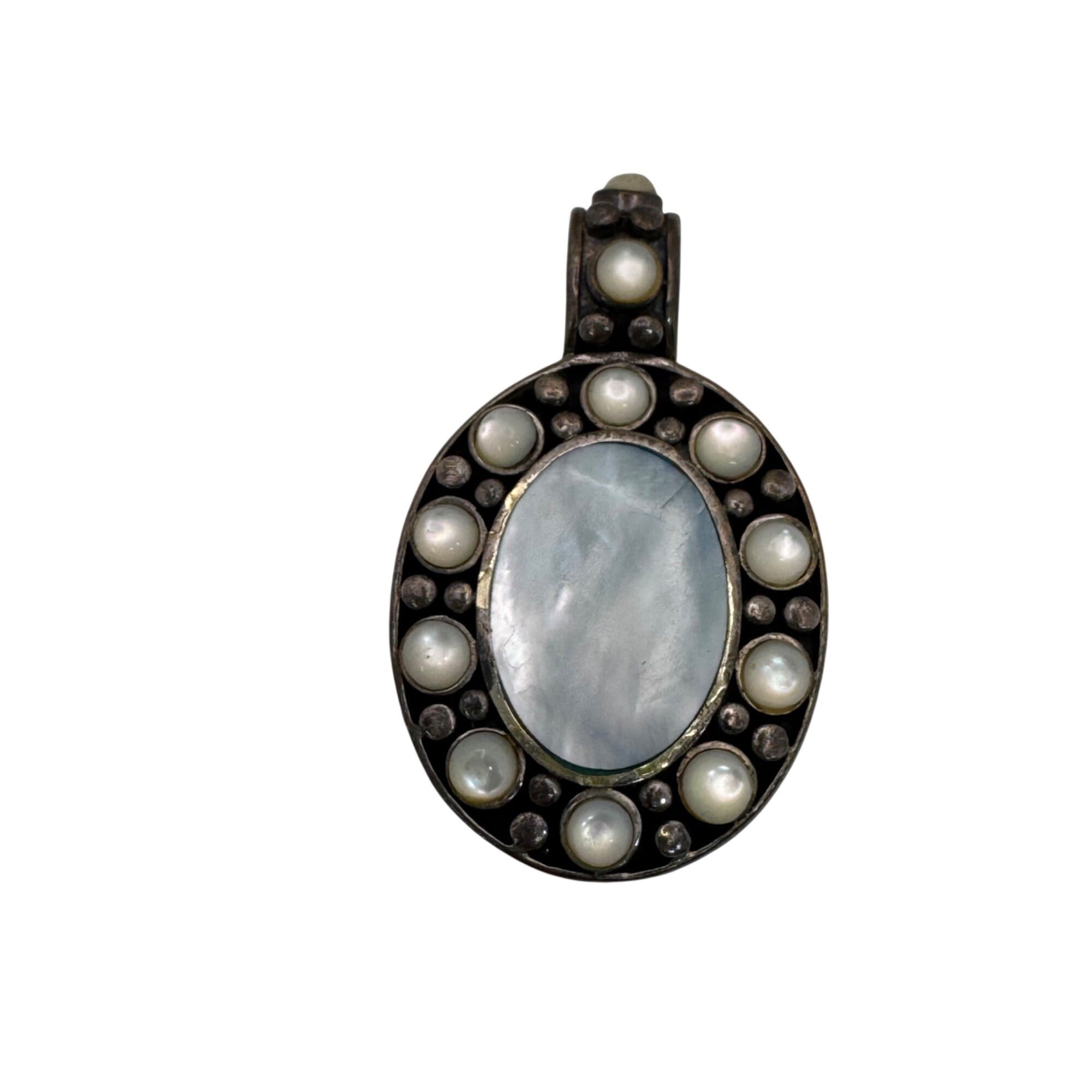 Oval Mother Of Pearl Pendant Sterling Silver Mop Vintage NF Chapel Zenray 2"