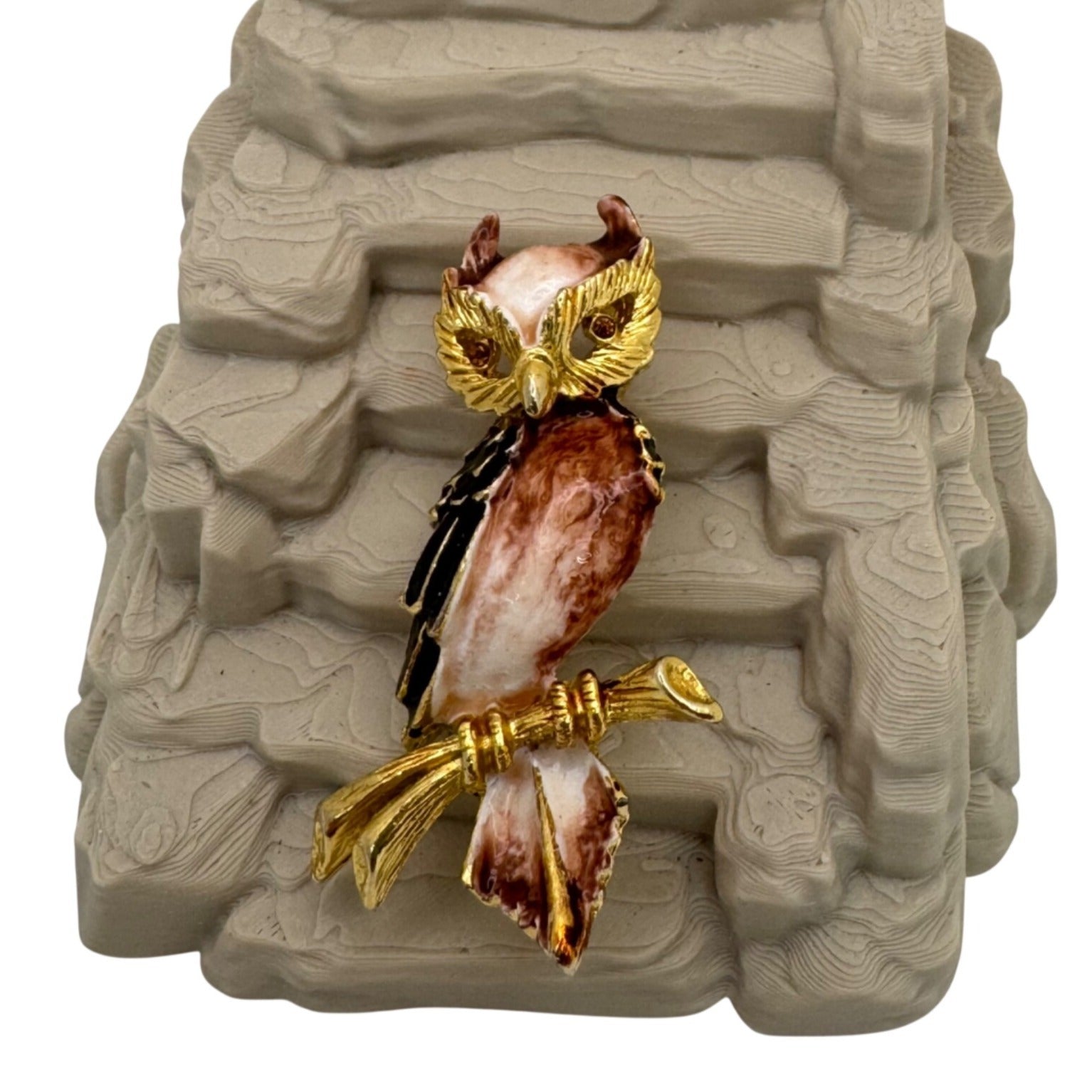 Statement Enamel Owl Brooch Pin Gold Tone Enamel Vintage Signed Horned 3" Estate