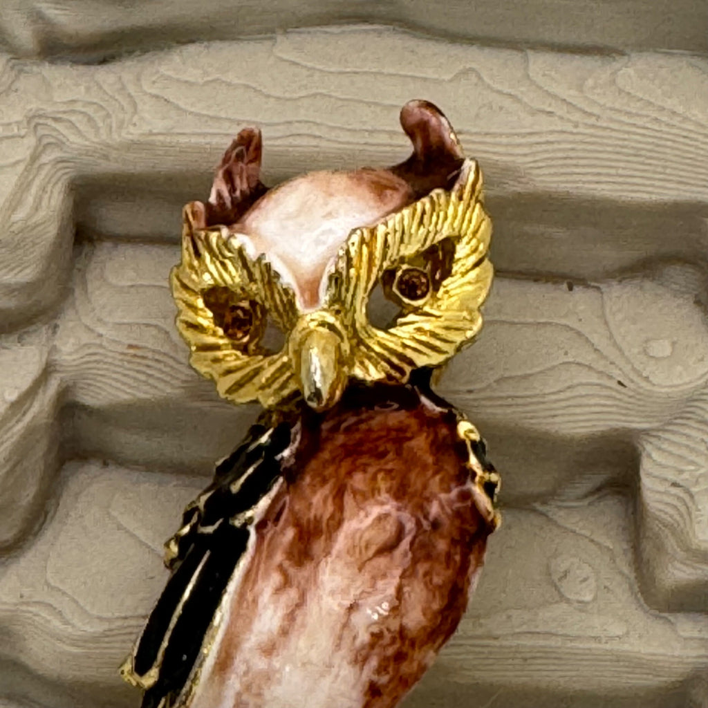 Statement Enamel Owl Brooch Pin Gold Tone Enamel Vintage Signed Horned 3" Estate