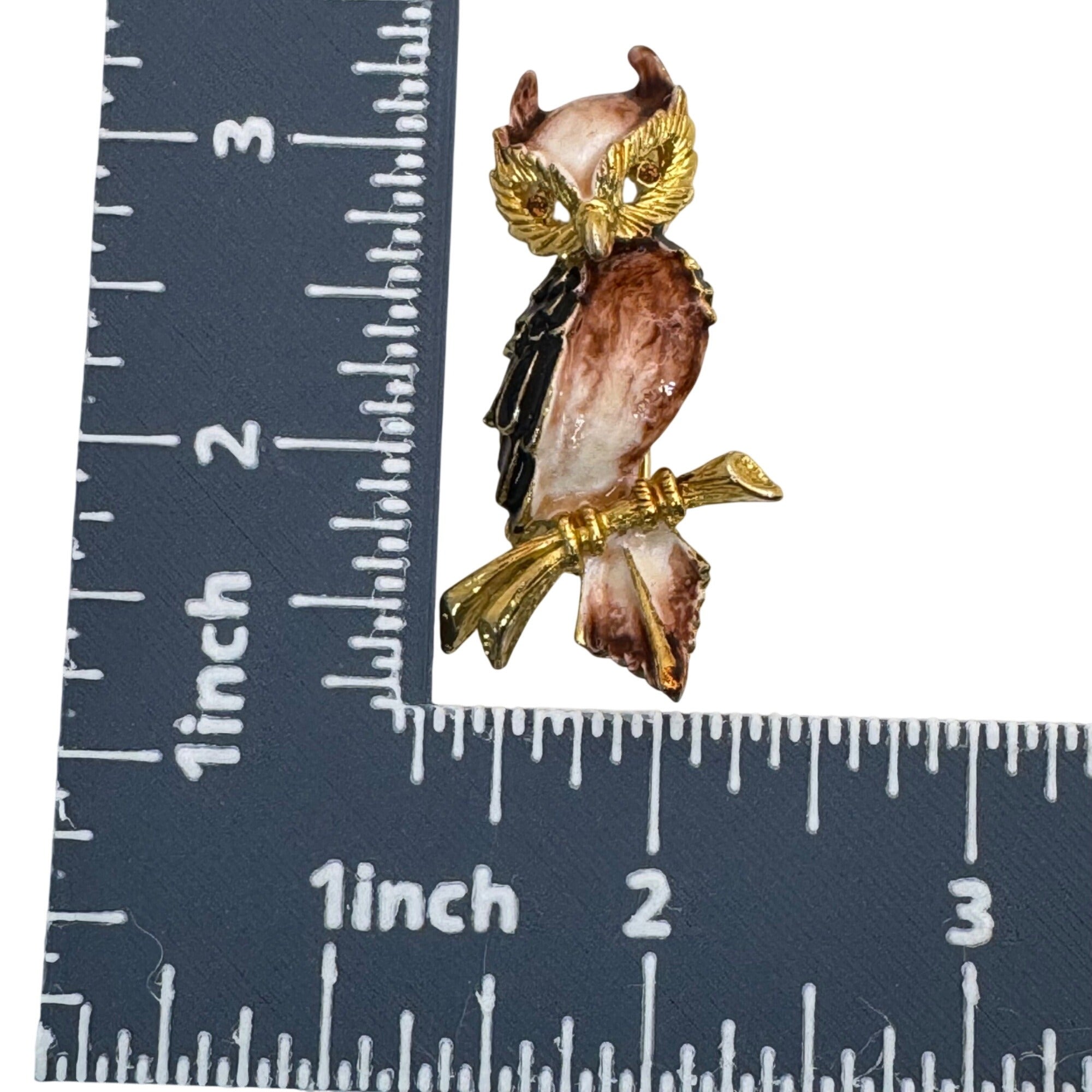 Statement Enamel Owl Brooch Pin Gold Tone Enamel Vintage Signed Horned 3" Estate