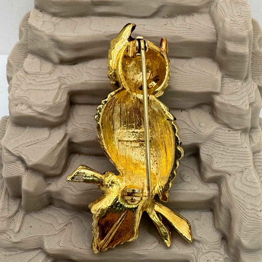Statement Enamel Owl Brooch Pin Gold Tone Enamel Vintage Signed Horned 3" Estate
