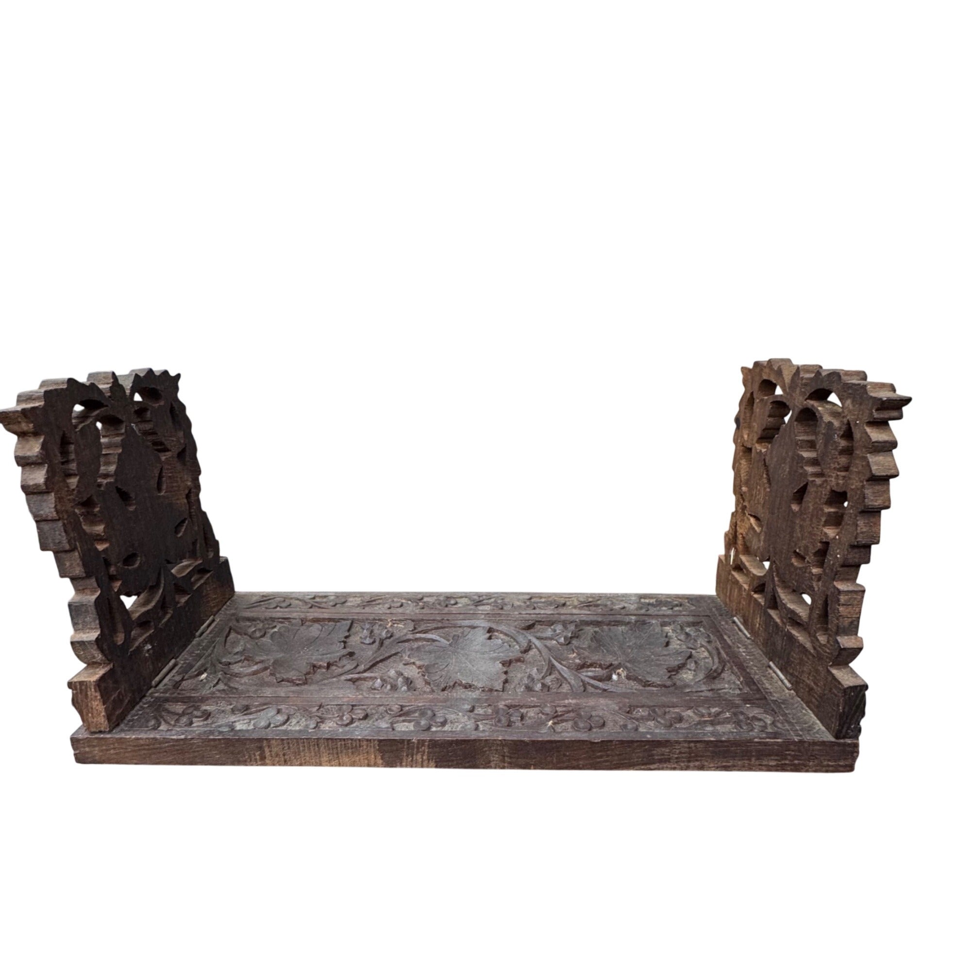 Hand-Carved Victorian Wooden Book Slide Stand Floral Grape Vine Folding 13"