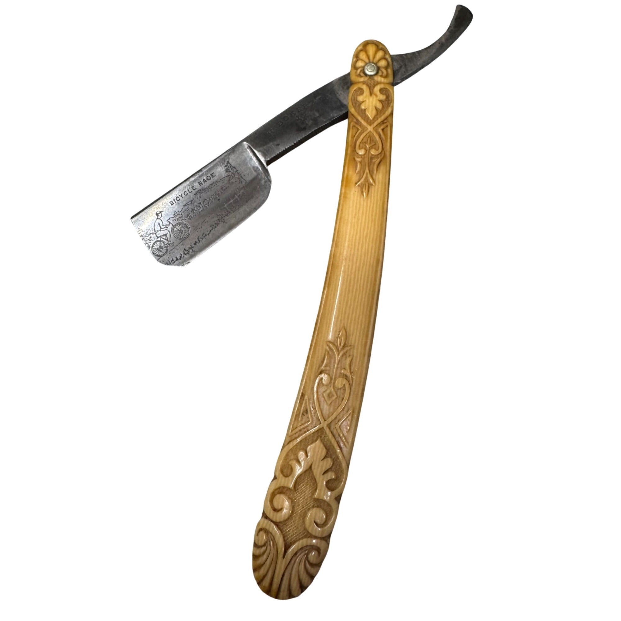 Vintage Bicycle Race Straight Razor Ornate Wooden Handle H Boker Germany 6.5"