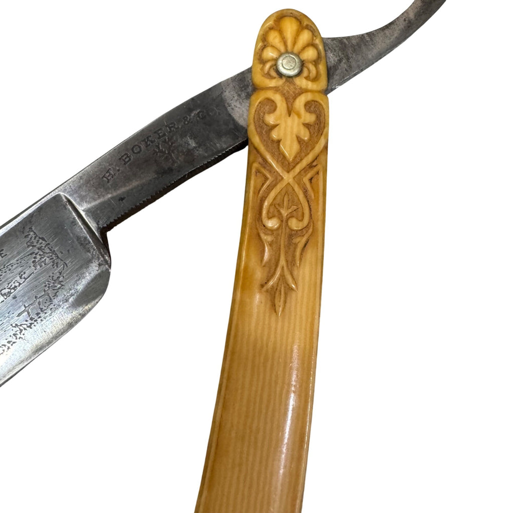 Vintage Bicycle Race Straight Razor Ornate Wooden Handle H Boker Germany 6.5"