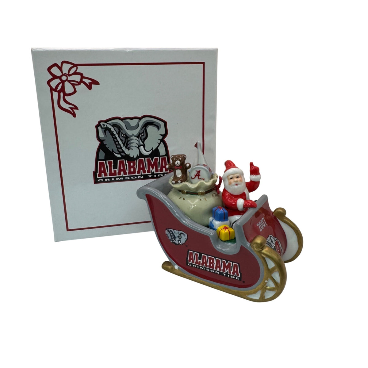 Alabama Crimson Tide 2007 Santa Sleigh Ceramic Ornament w/ Box Danbury Mint Vtg