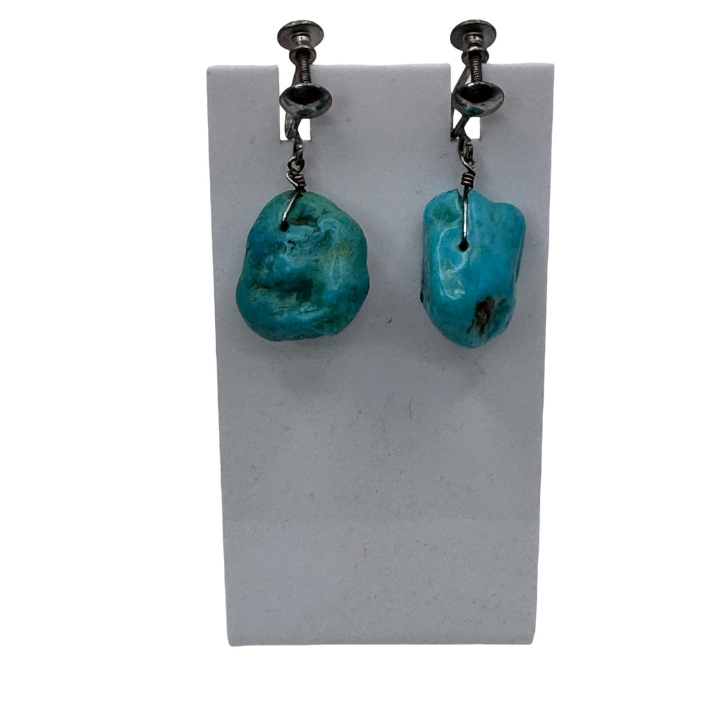 Vintage Turquoise ClipOn Earrings Natural Stone Drops Sterling Silver Screw Back