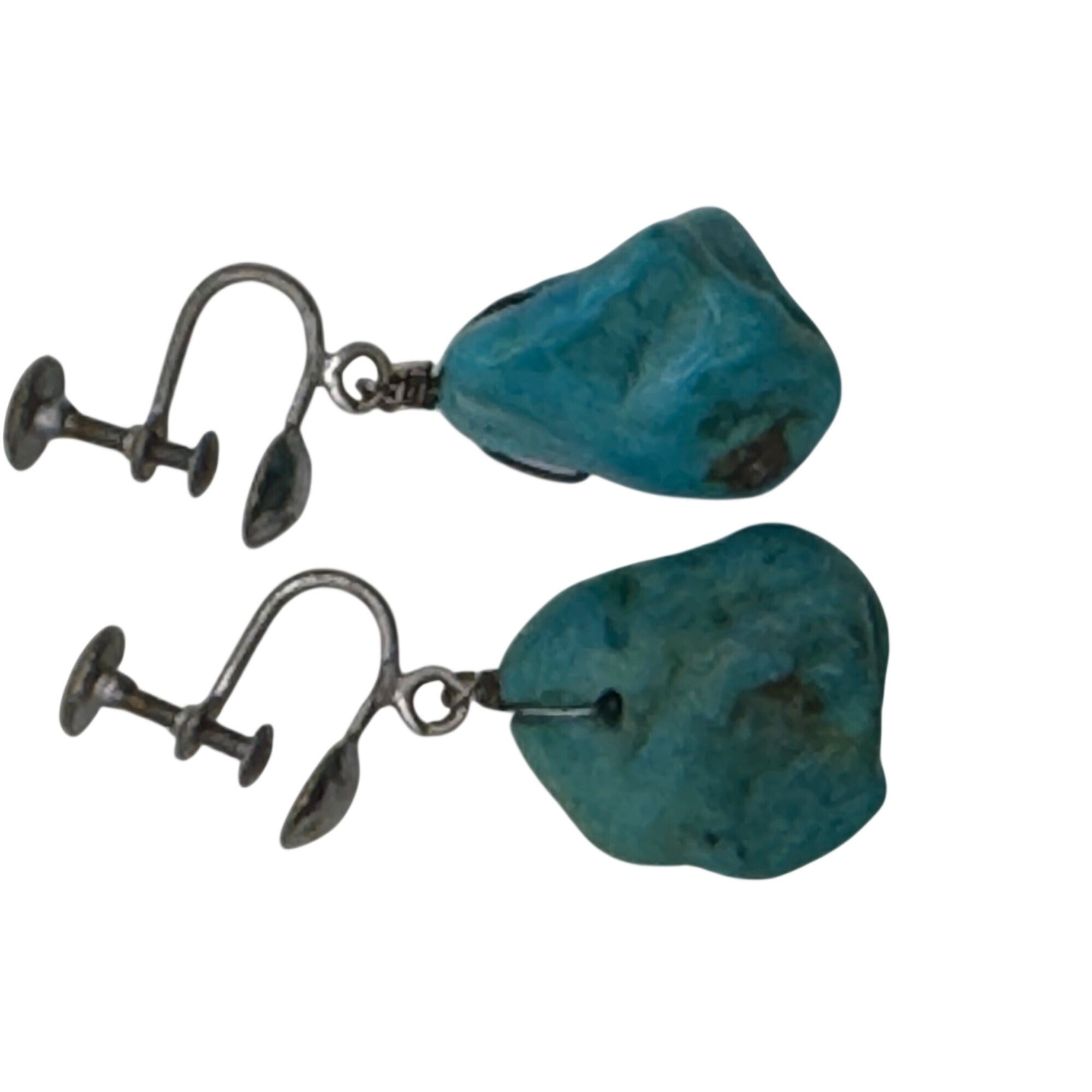 Vintage Turquoise ClipOn Earrings Natural Stone Drops Sterling Silver Screw Back