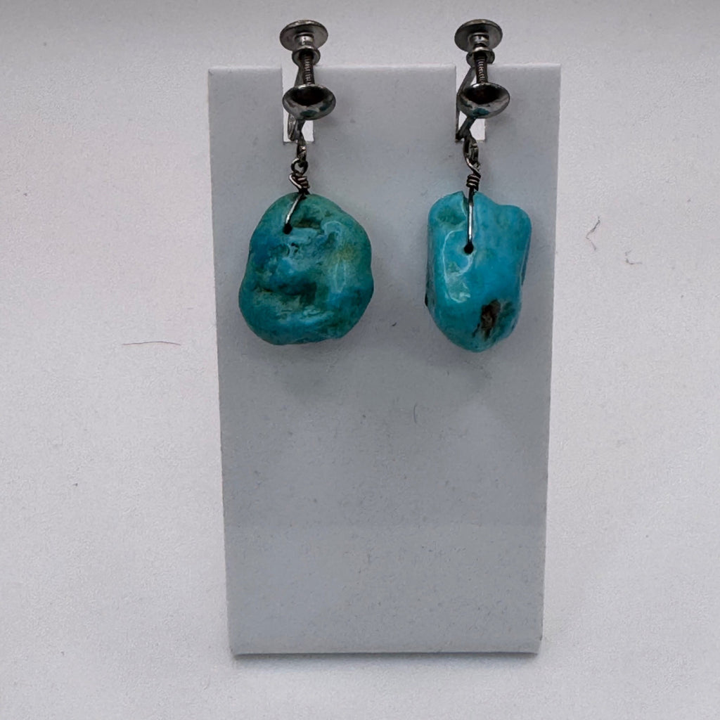 Vintage Turquoise ClipOn Earrings Natural Stone Drops Sterling Silver Screw Back