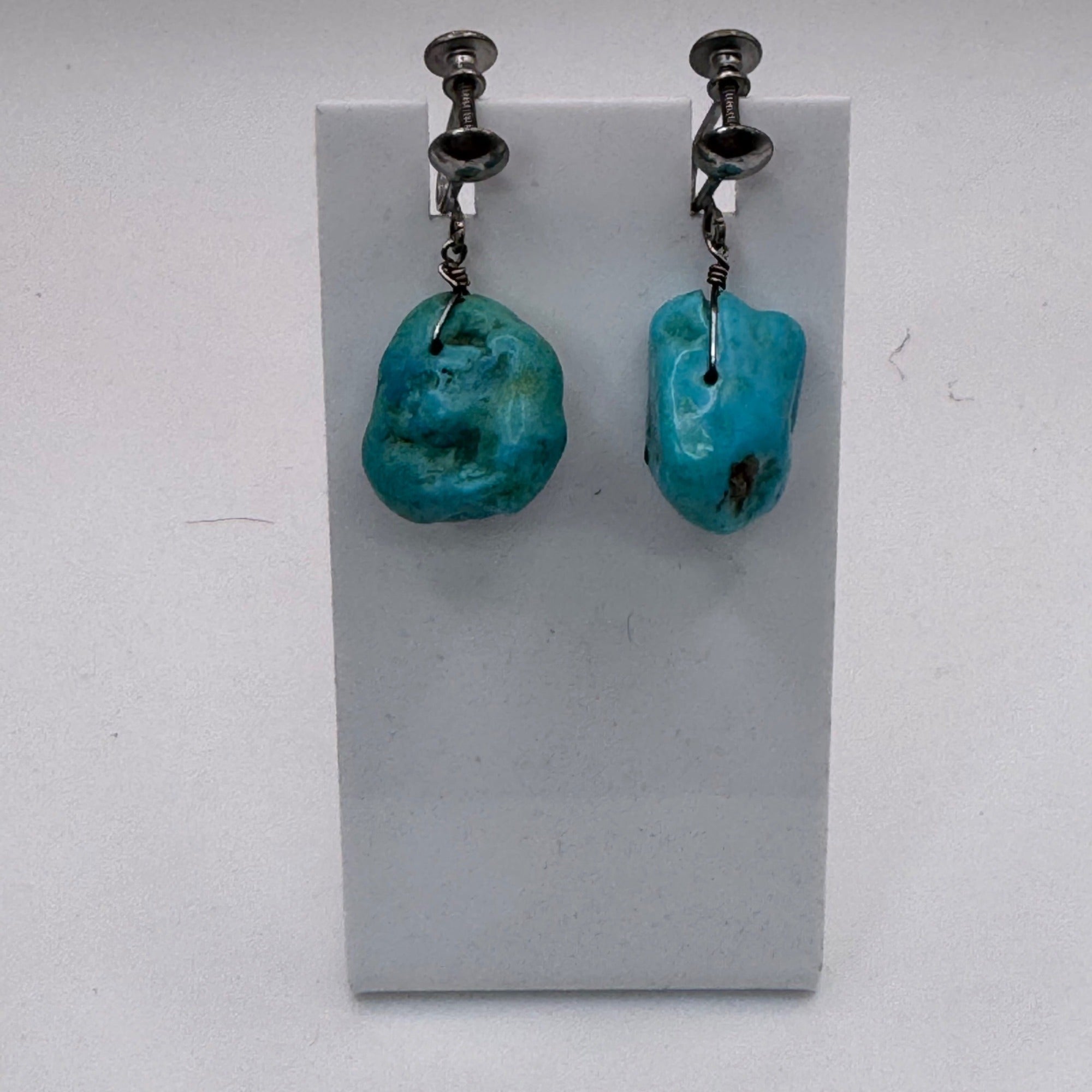 Vintage Turquoise ClipOn Earrings Natural Stone Drops Sterling Silver Screw Back
