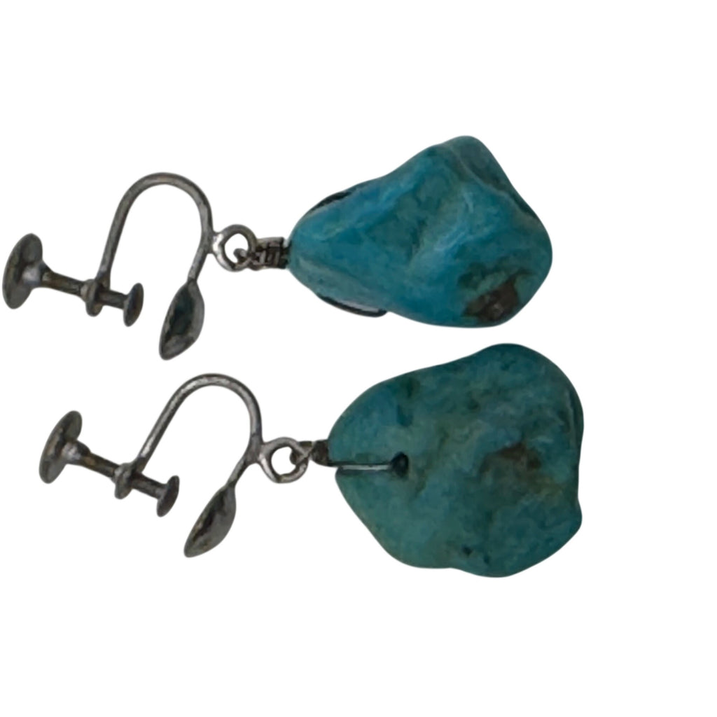 Vintage Turquoise ClipOn Earrings Natural Stone Drops Sterling Silver Screw Back