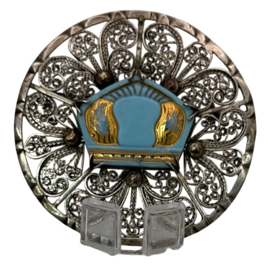 Norwegian solje brooch Heart Crown Vintage Filigree Silver Enamel Blue Gold 3"