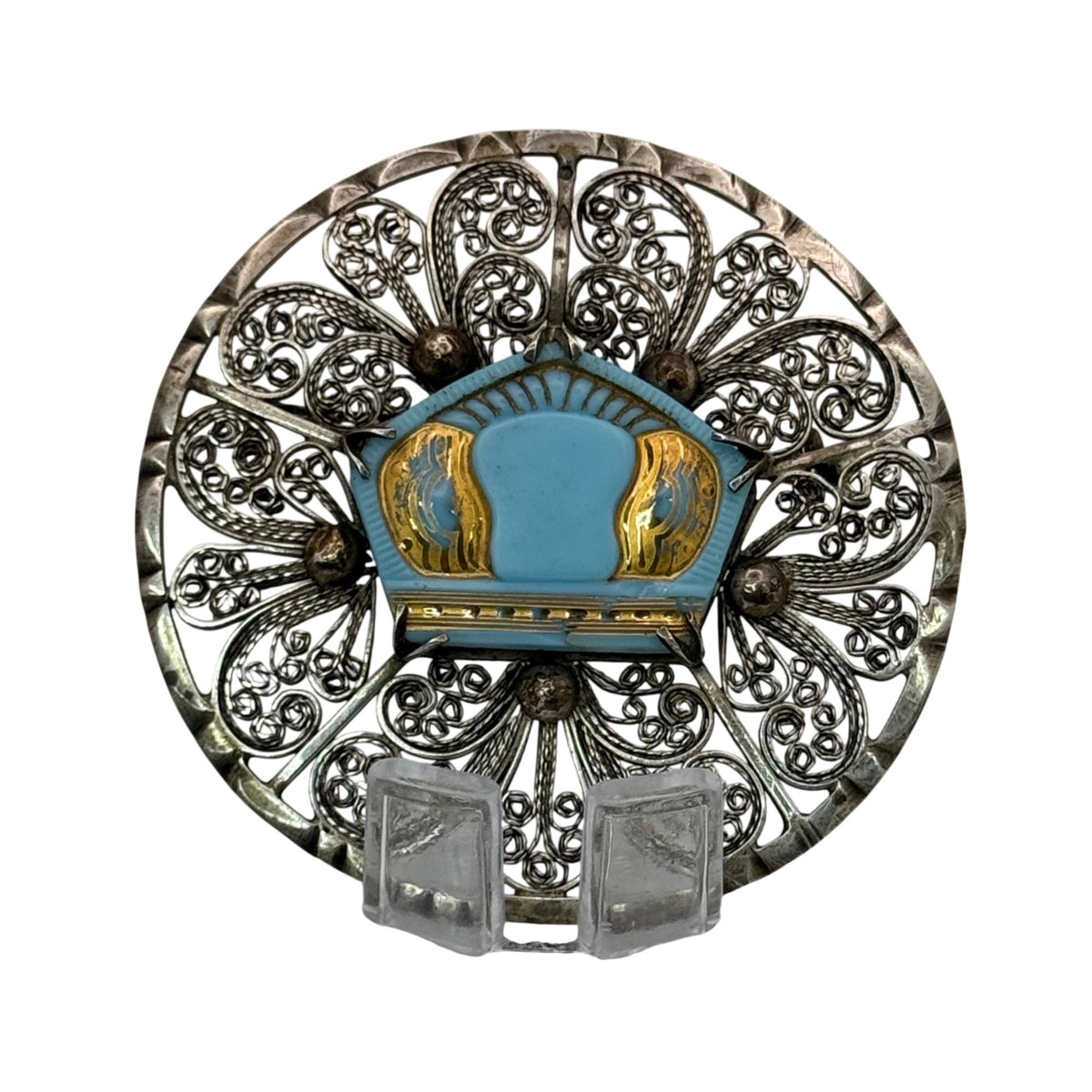 Norwegian solje brooch Heart Crown Vintage Filigree Silver Enamel Blue Gold 3"