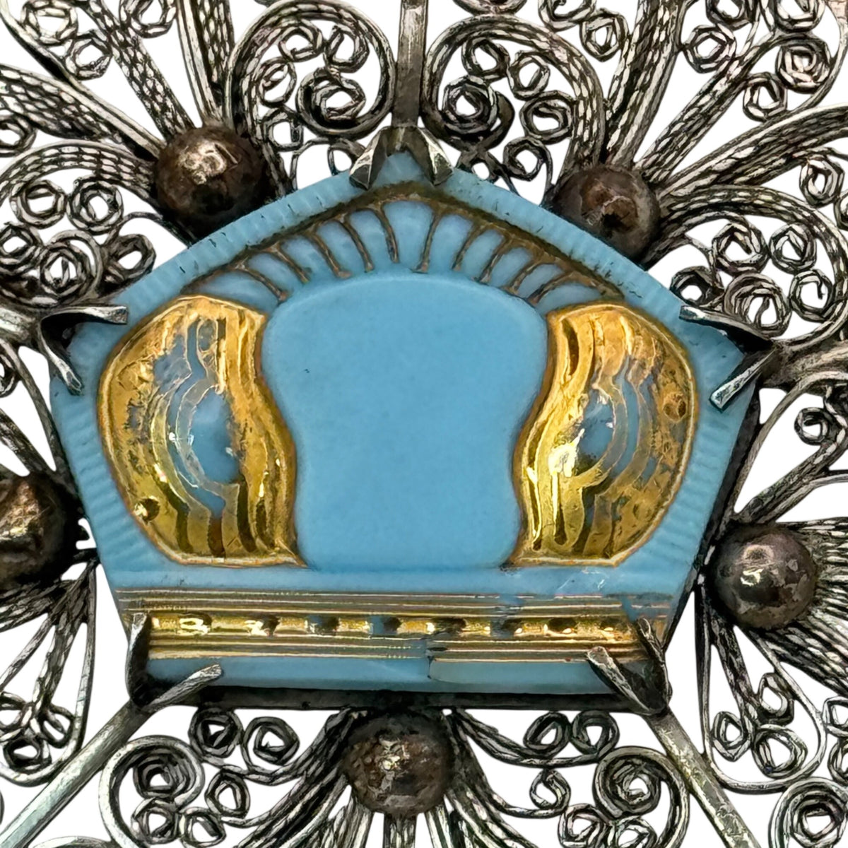 Norwegian solje brooch Heart Crown Vintage Filigree Silver Enamel Blue Gold 3"