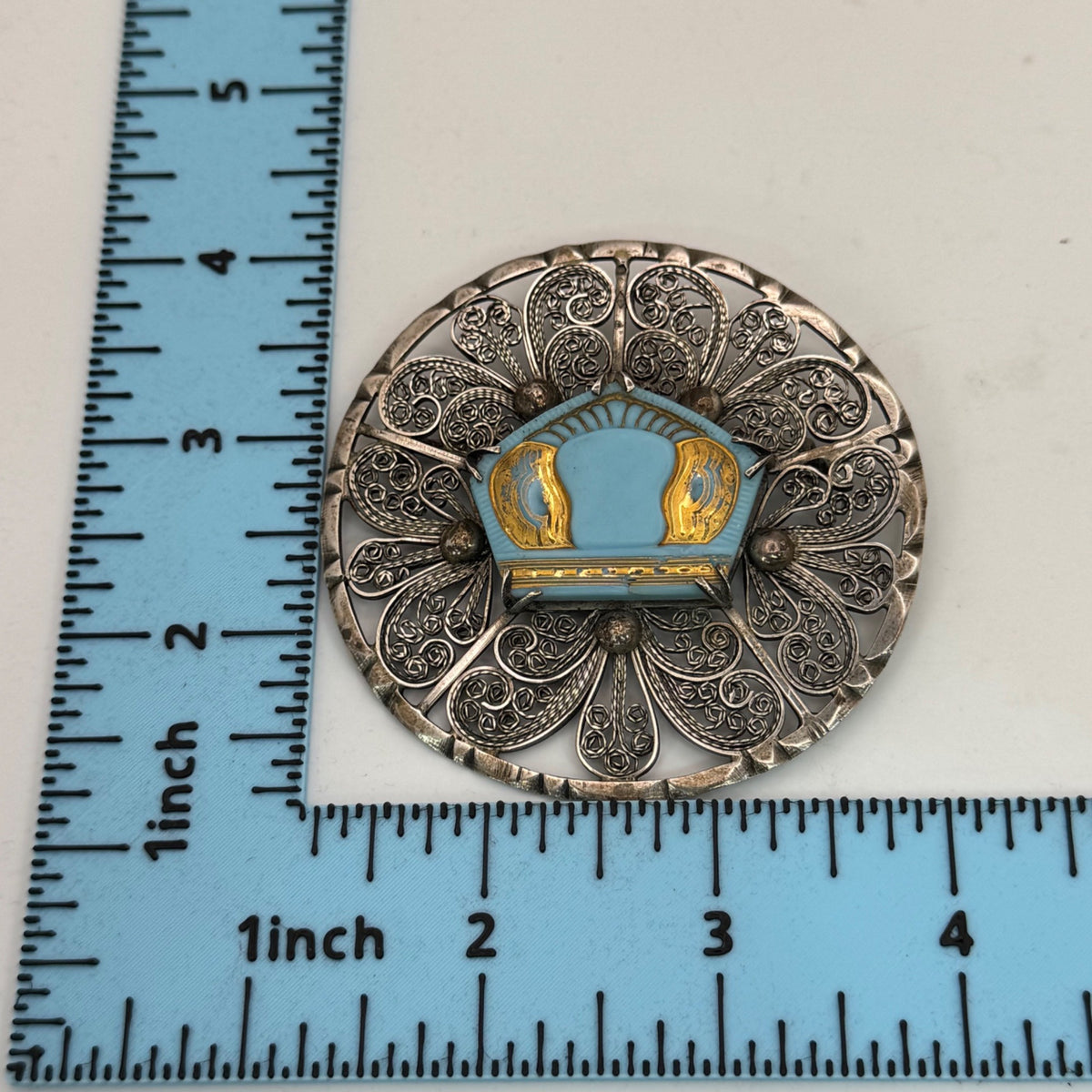 Norwegian solje brooch Heart Crown Vintage Filigree Silver Enamel Blue Gold 3"