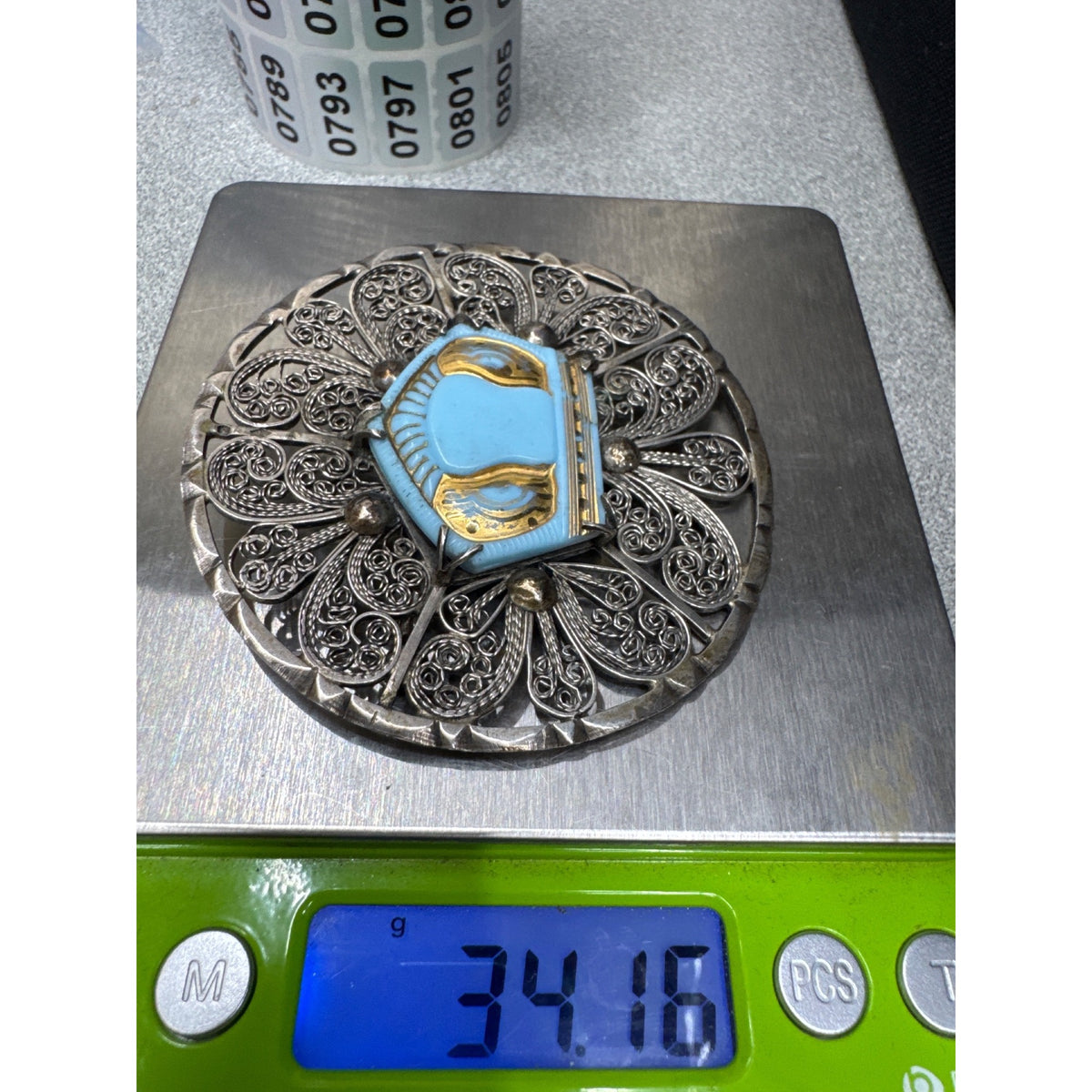 Norwegian solje brooch Heart Crown Vintage Filigree Silver Enamel Blue Gold 3"