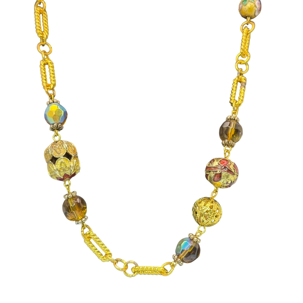 Cloisonne Gold Tone Necklace Vintage Beaded Amber Faeted Accents 54" Chain Link