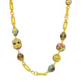 Cloisonne Gold Tone Necklace Vintage Beaded Amber Faeted Accents 54" Chain Link