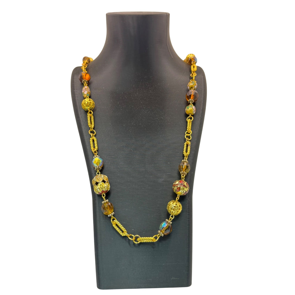 Cloisonne Gold Tone Necklace Vintage Beaded Amber Faeted Accents 54" Chain Link