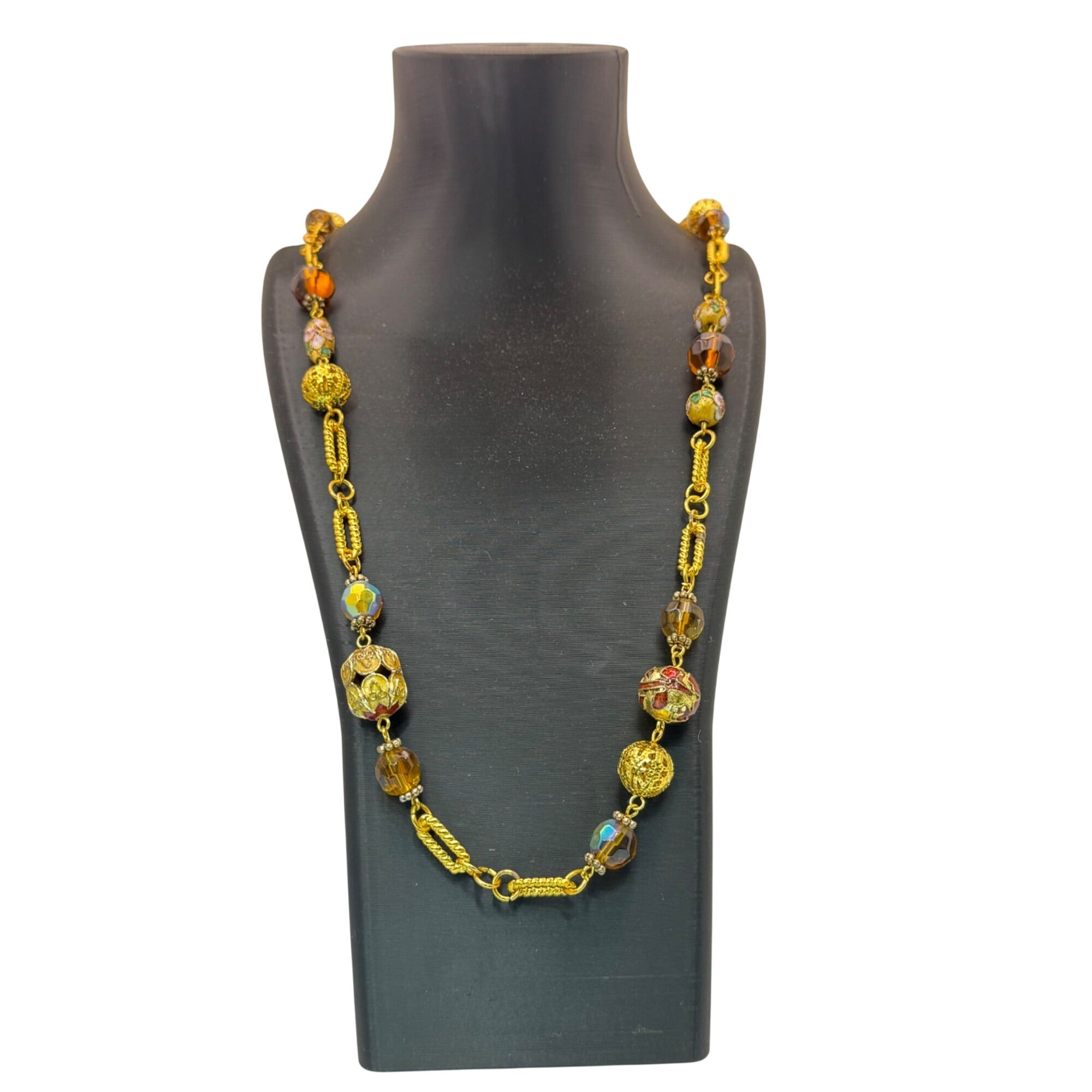 Cloisonne Gold Tone Necklace Vintage Beaded Amber Faeted Accents 54" Chain Link