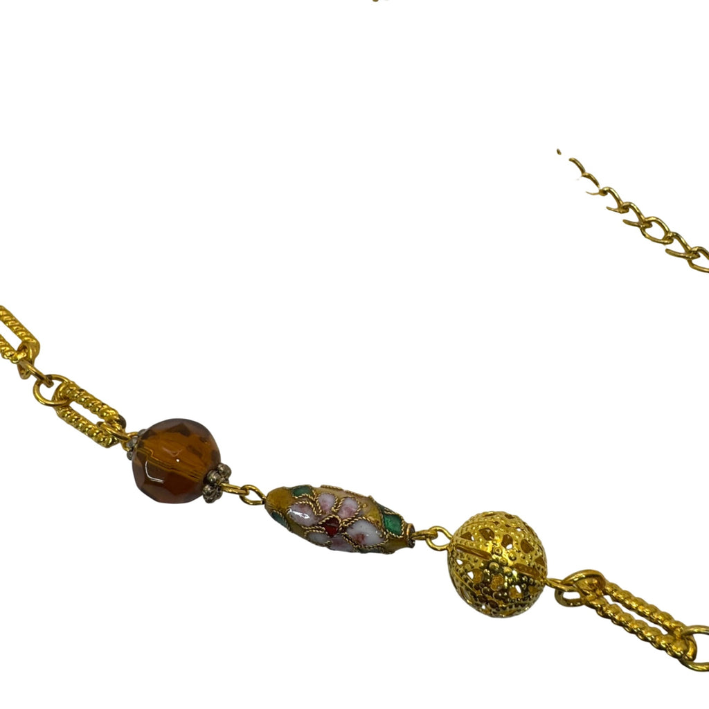Cloisonne Gold Tone Necklace Vintage Beaded Amber Faeted Accents 54" Chain Link