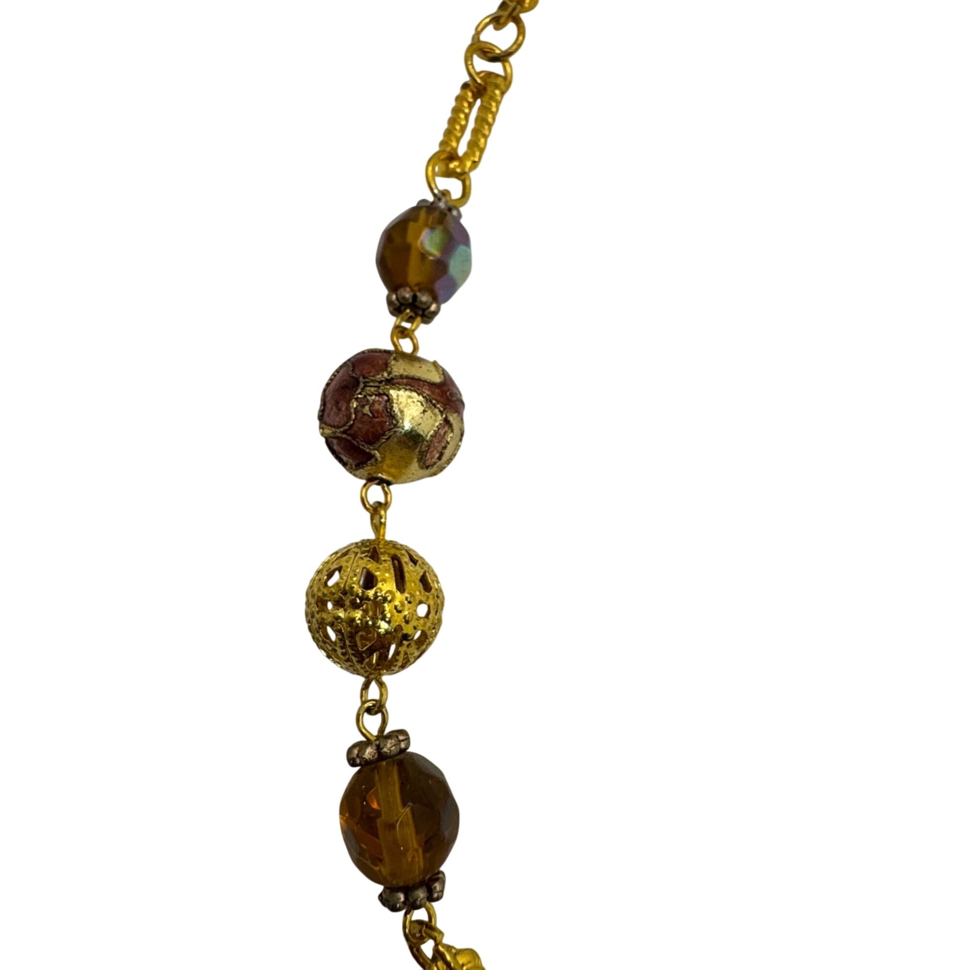 Cloisonne Gold Tone Necklace Vintage Beaded Amber Faeted Accents 54" Chain Link