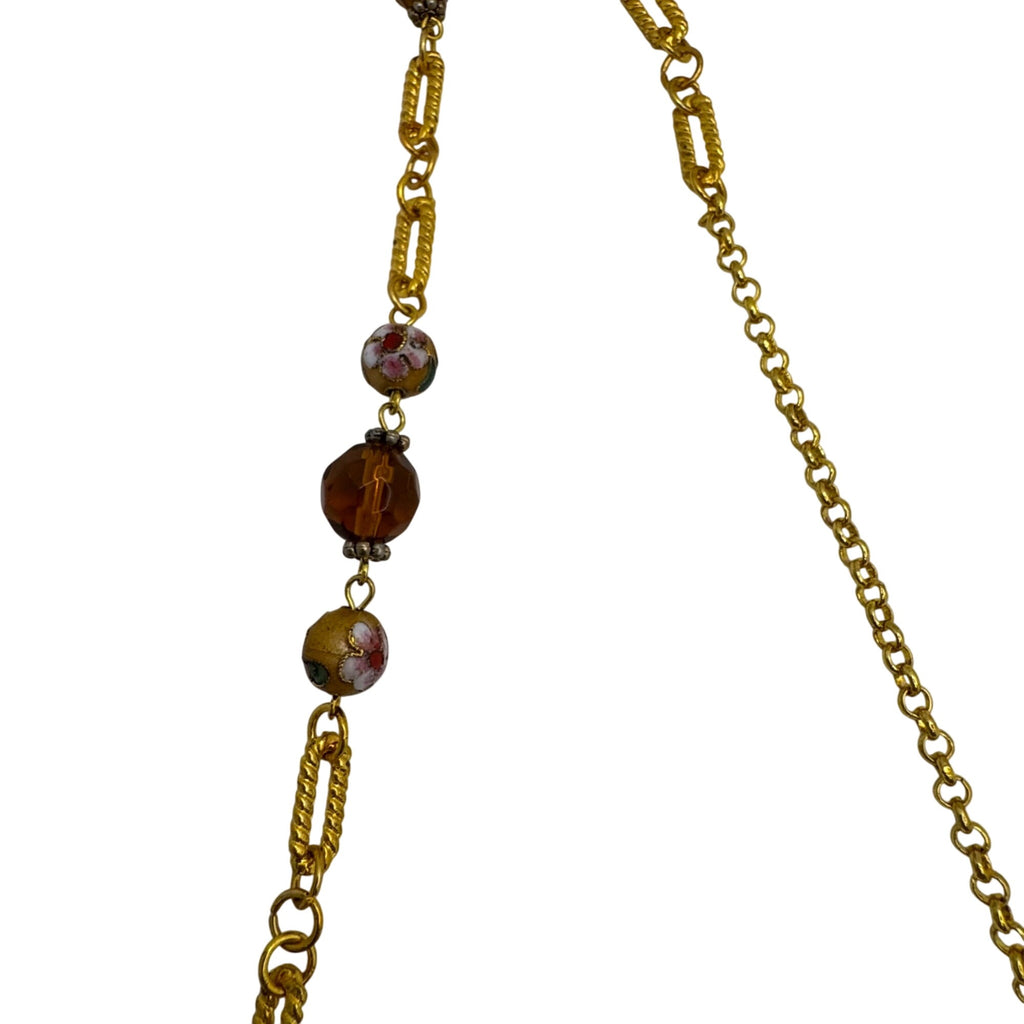 Cloisonne Gold Tone Necklace Vintage Beaded Amber Faeted Accents 54" Chain Link
