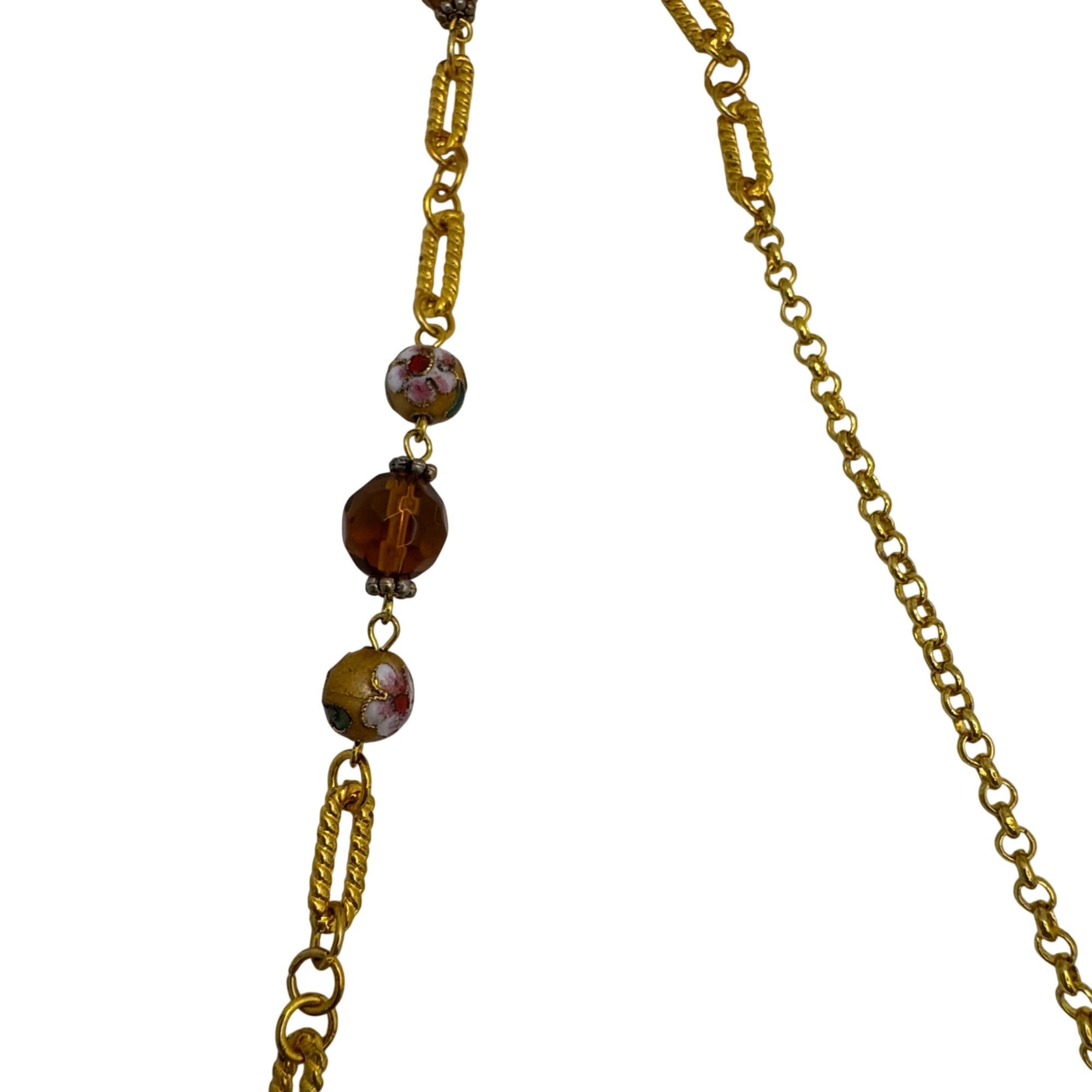 Cloisonne Gold Tone Necklace Vintage Beaded Amber Faeted Accents 54" Chain Link