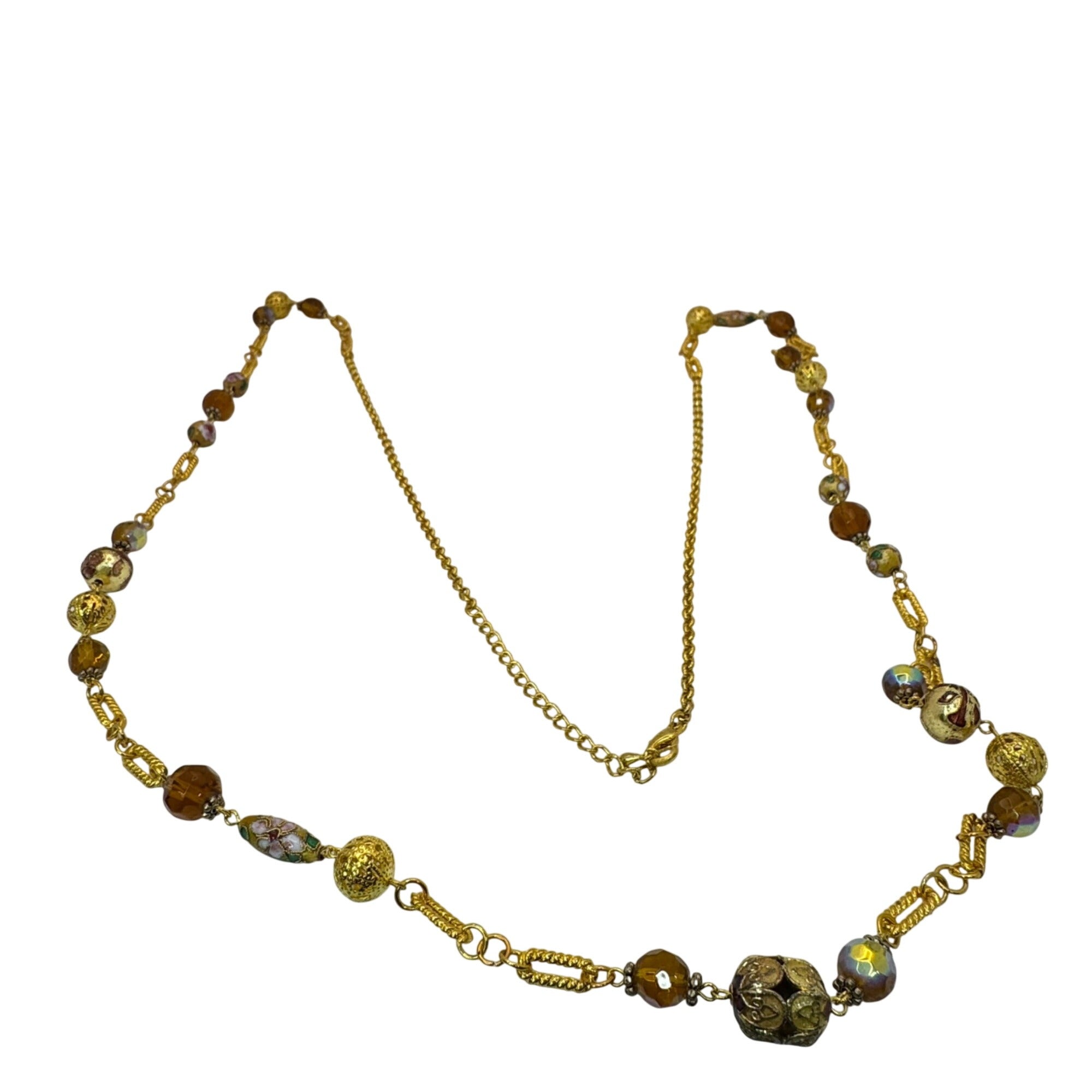 Cloisonne Gold Tone Necklace Vintage Beaded Amber Faeted Accents 54" Chain Link