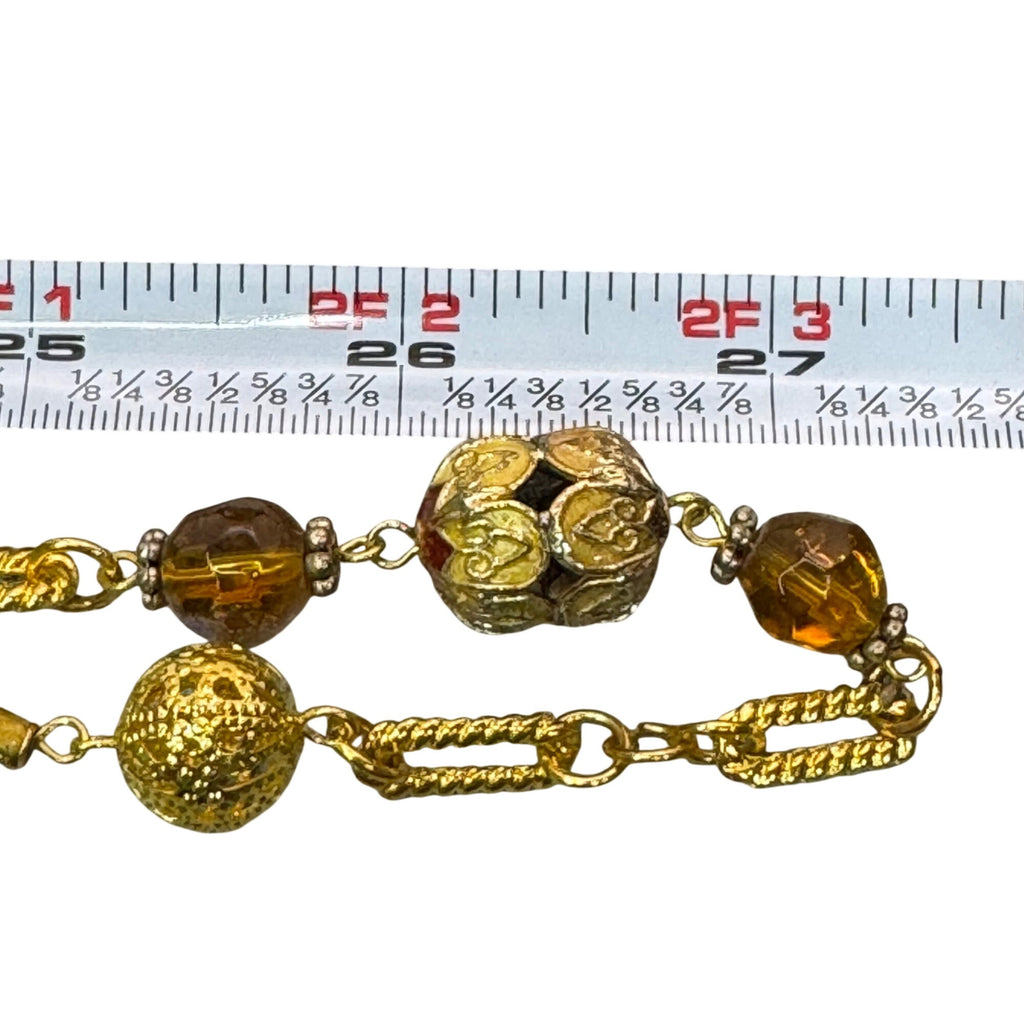 Cloisonne Gold Tone Necklace Vintage Beaded Amber Faeted Accents 54" Chain Link